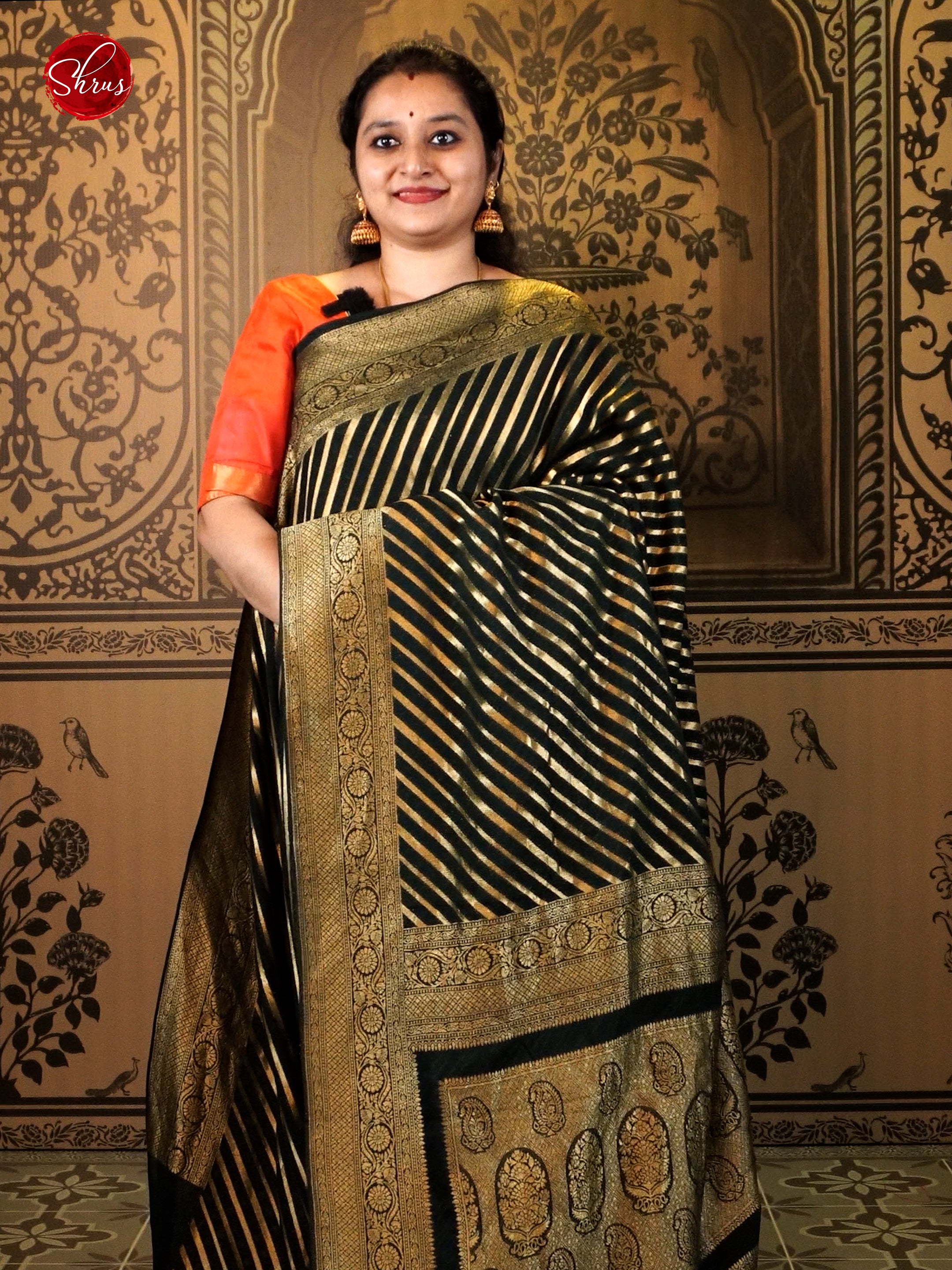 Bottle Green(Single Tone)- Semi Georgette with diagonal stripes on the body & zari border - Shop on ShrusEternity.com