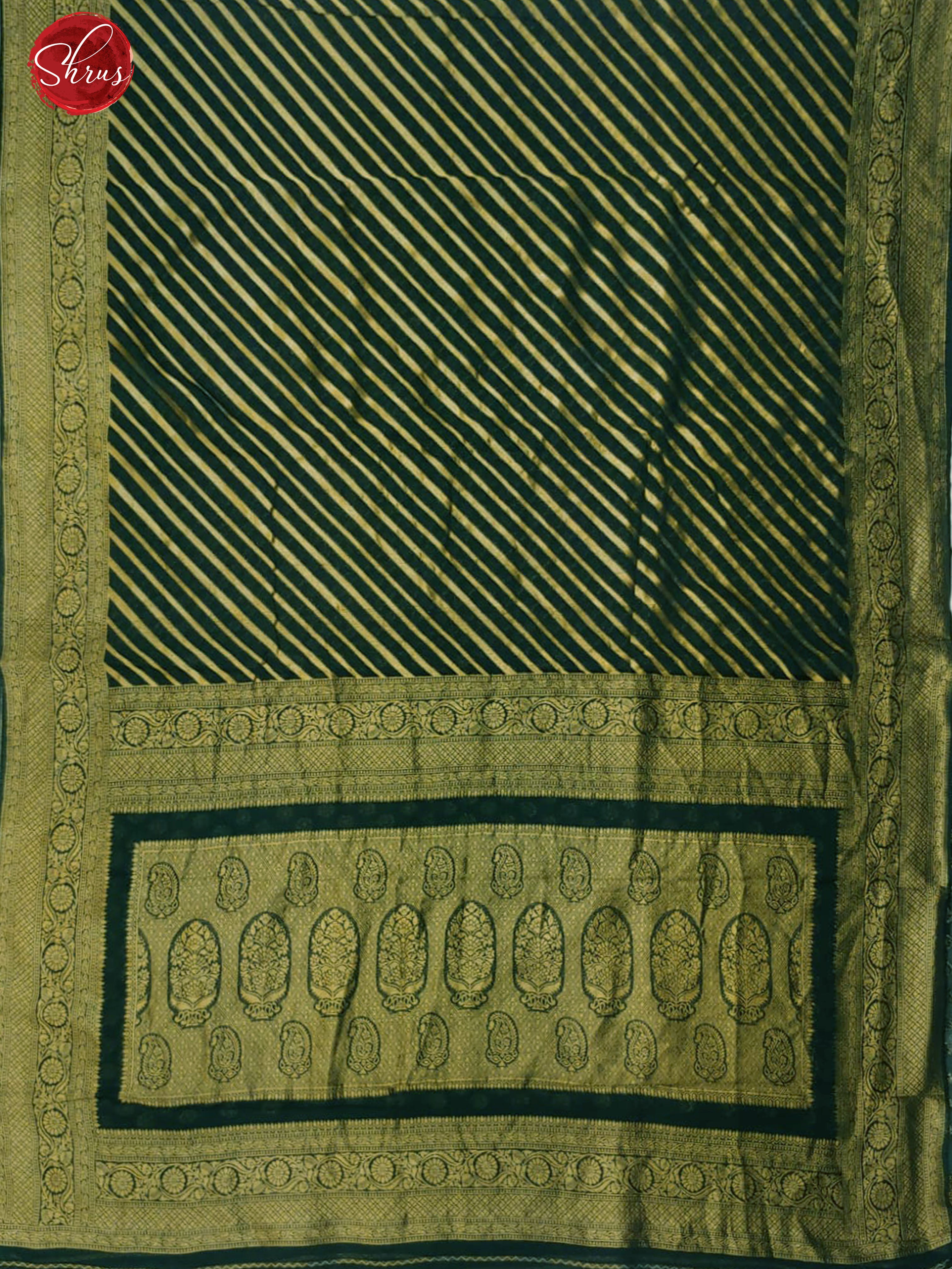 Bottle Green(Single Tone)- Semi Georgette with diagonal stripes on the body & zari border - Shop on ShrusEternity.com