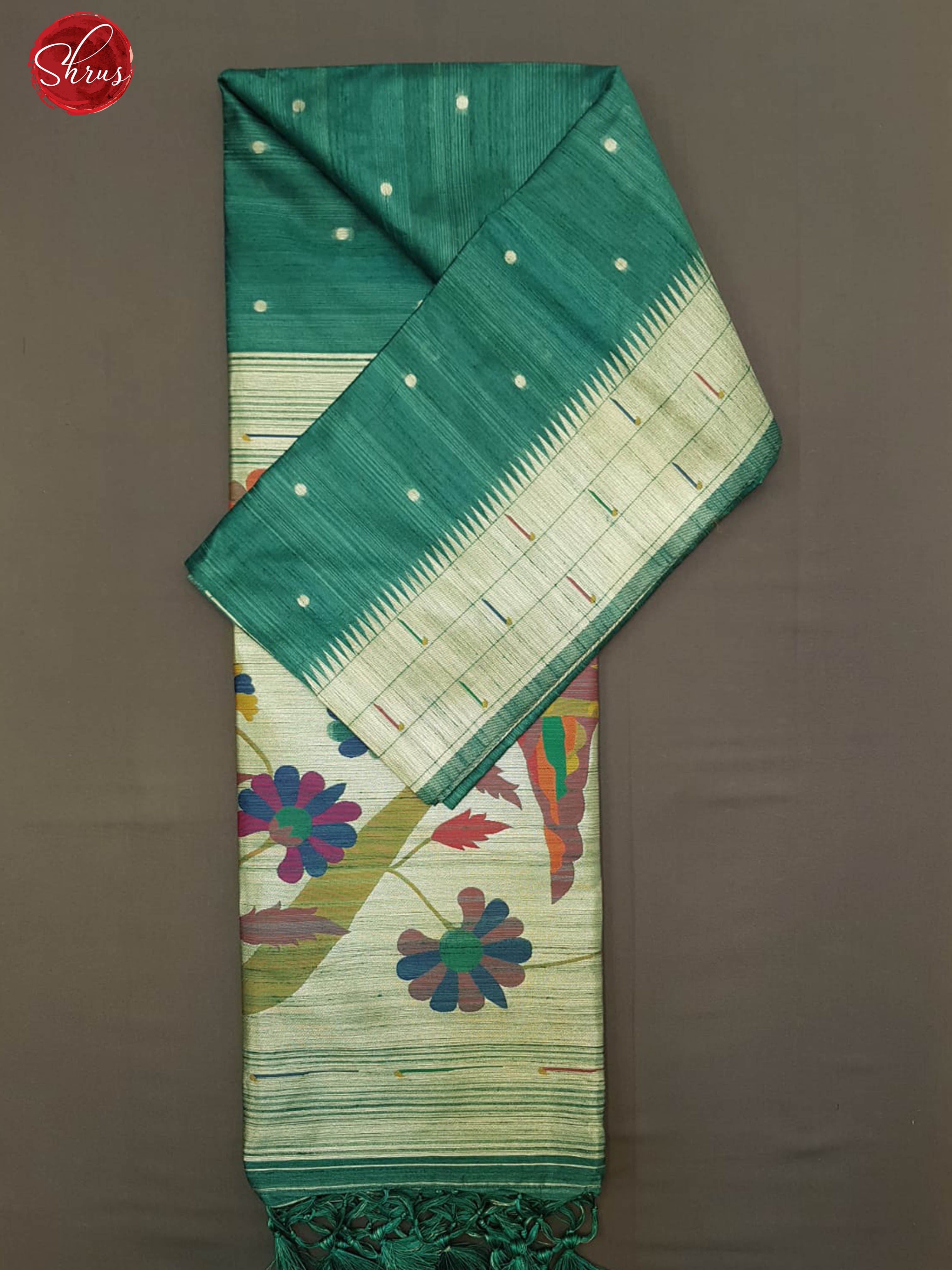 Green (Single Tone)- Semi Raw Silk with zari buttas on the body & Zari Border - Shop on ShrusEternity.com
