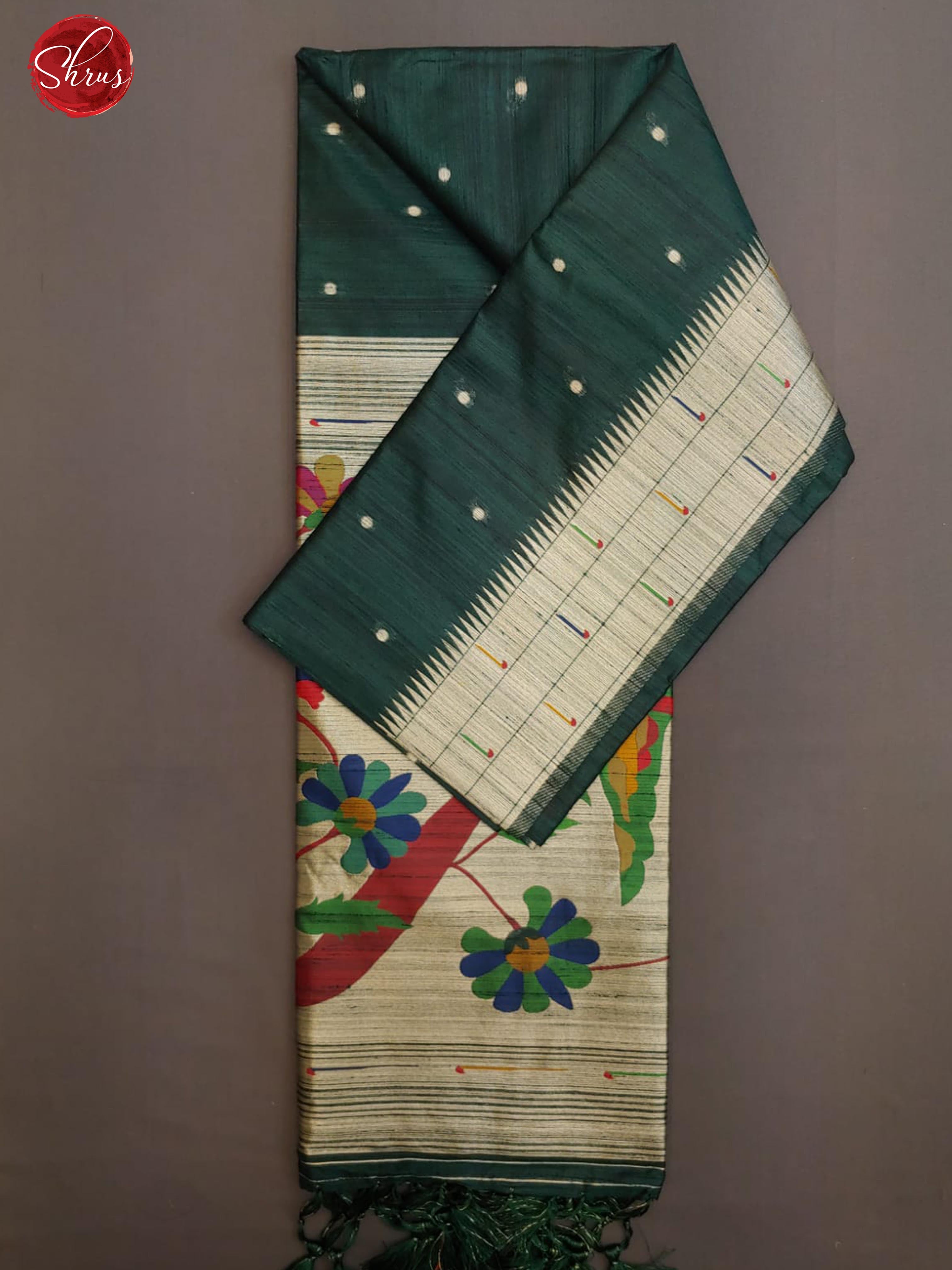 Bottle Green(Single Tone)-Semi Raw Silk with zari buttas on the body & zari border - Shop on ShrusEternity.com