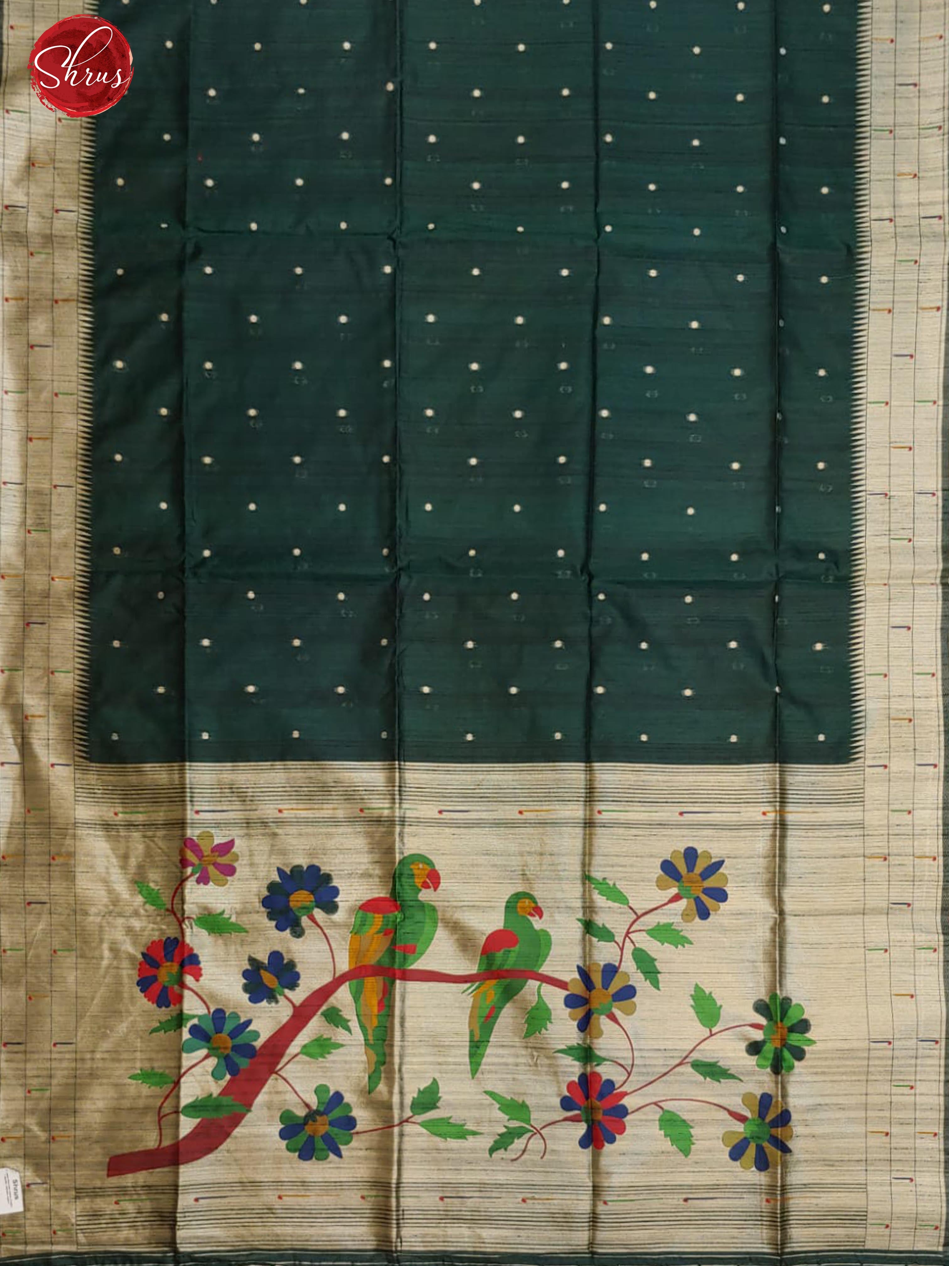 Bottle Green(Single Tone)-Semi Raw Silk with zari buttas on the body & zari border - Shop on ShrusEternity.com