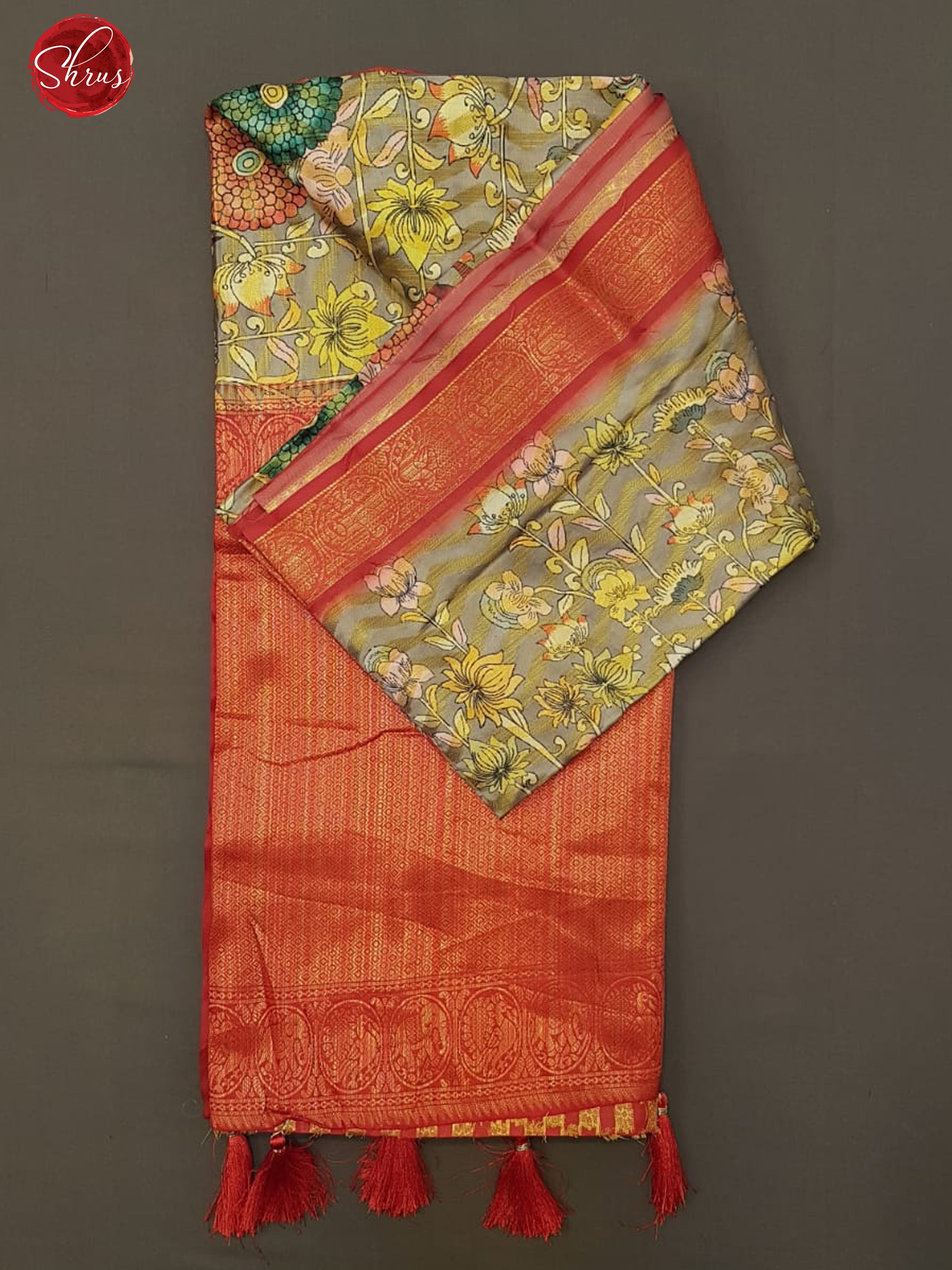 Grey & Red - Semi Dupion with kalamkari floral print , Zari wavy Stripes on the body & Contrast Border - Shop on ShrusEternity.com