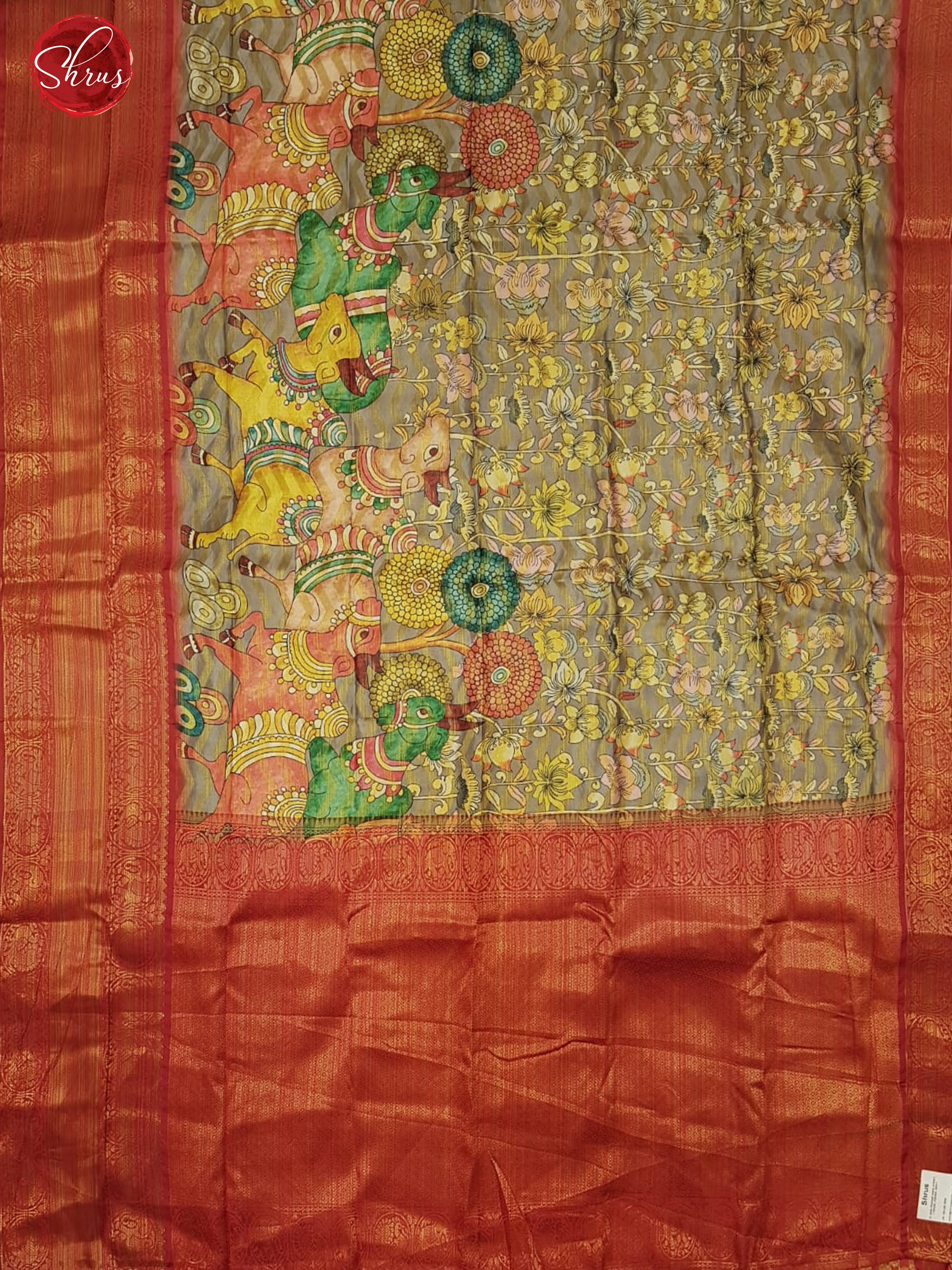 Grey & Red - Semi Dupion with kalamkari floral print , Zari wavy Stripes on the body & Contrast Border - Shop on ShrusEternity.com