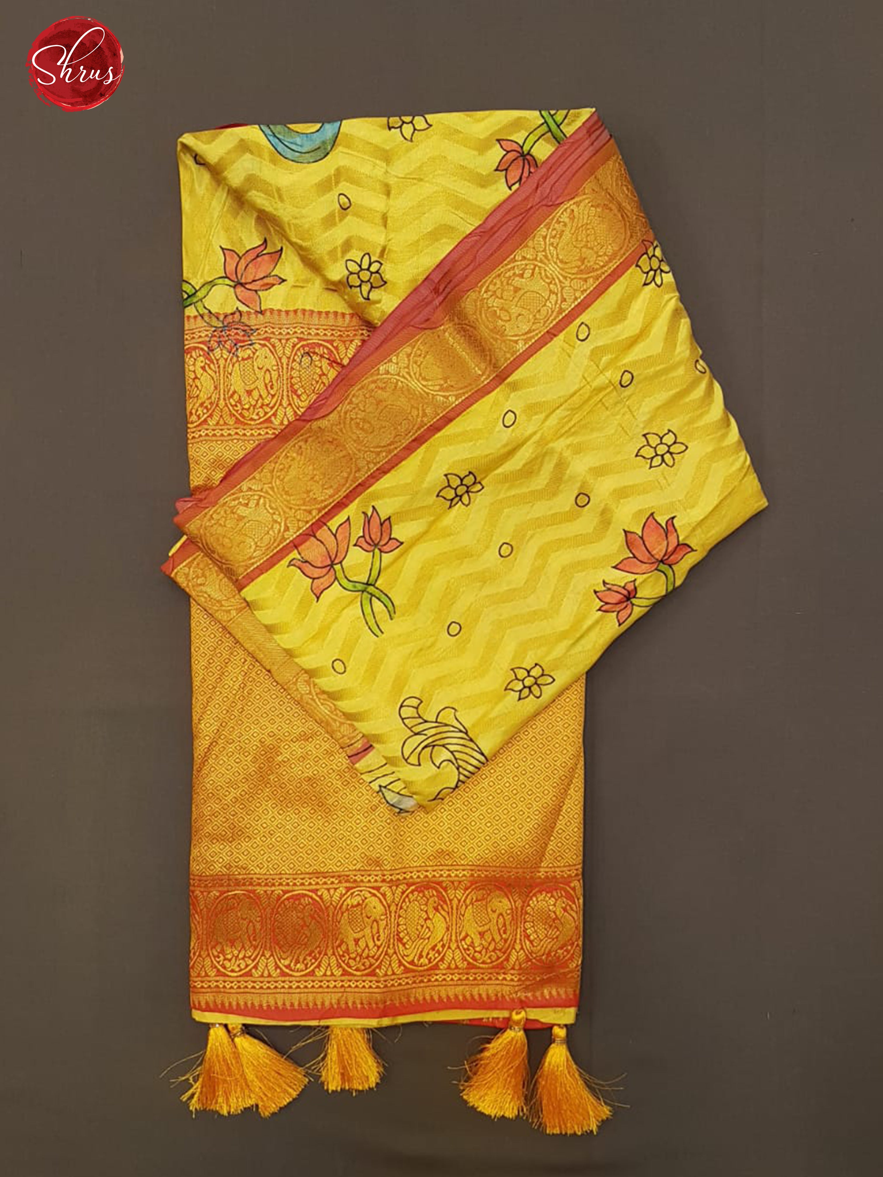 Yellow & Orange - Semi Dupion with floral print on the body & Contrast zari Border - Shop on ShrusEternity.com