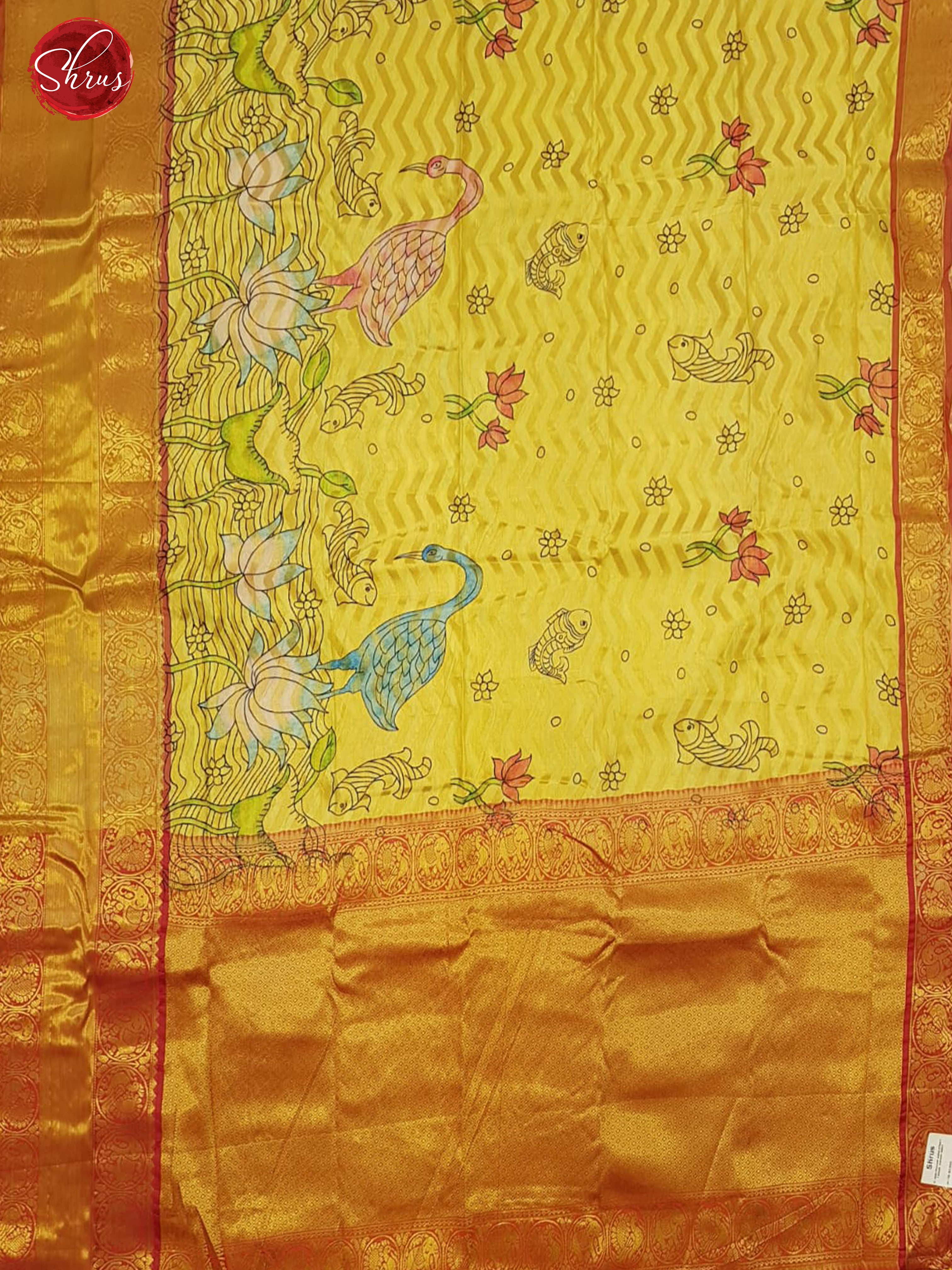 Yellow & Orange - Semi Dupion with floral print on the body & Contrast zari Border - Shop on ShrusEternity.com