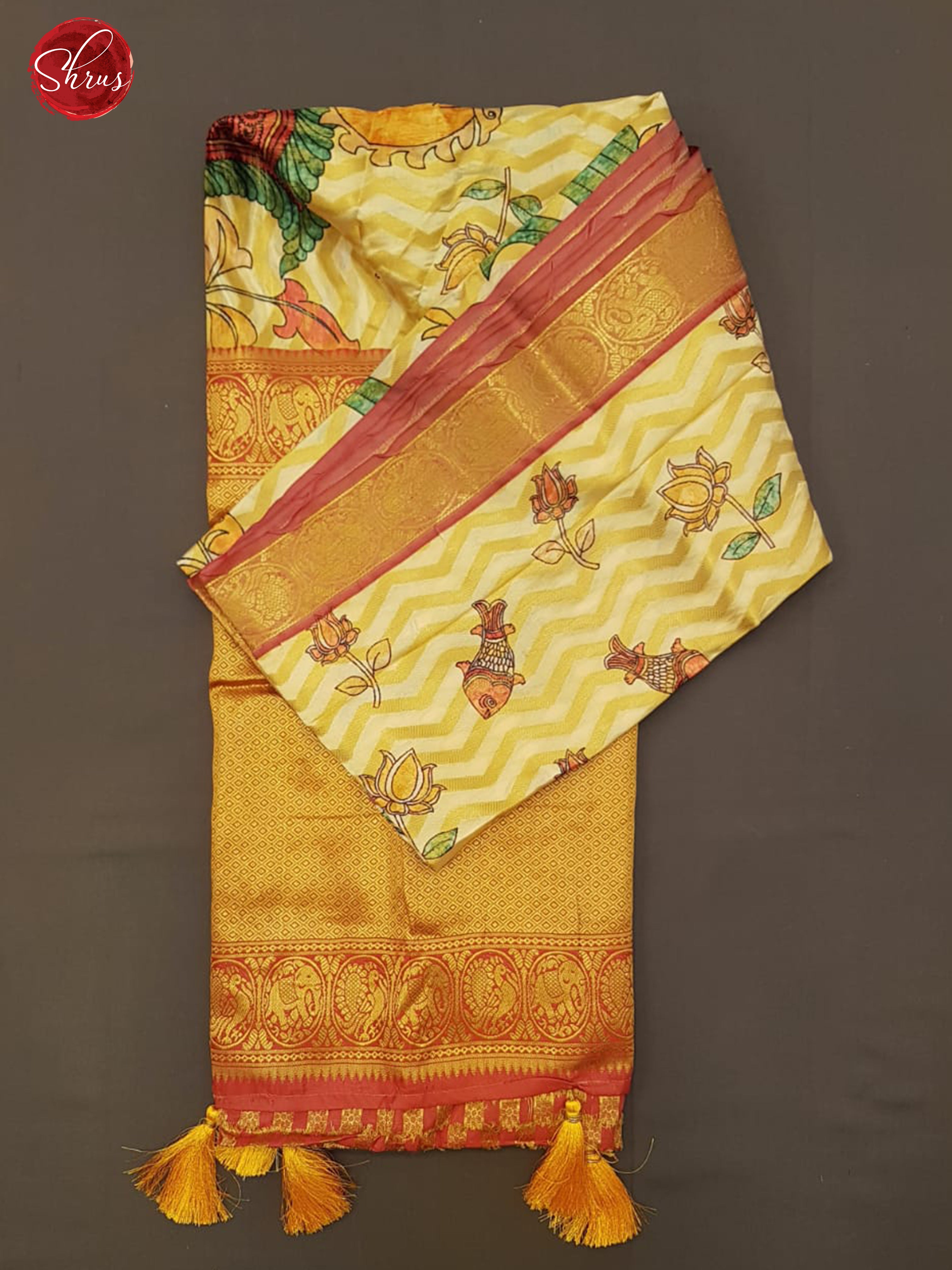 Beige & Red - Semi Dupion with floral print on the body & Contrast zari Border - Shop on ShrusEternity.com