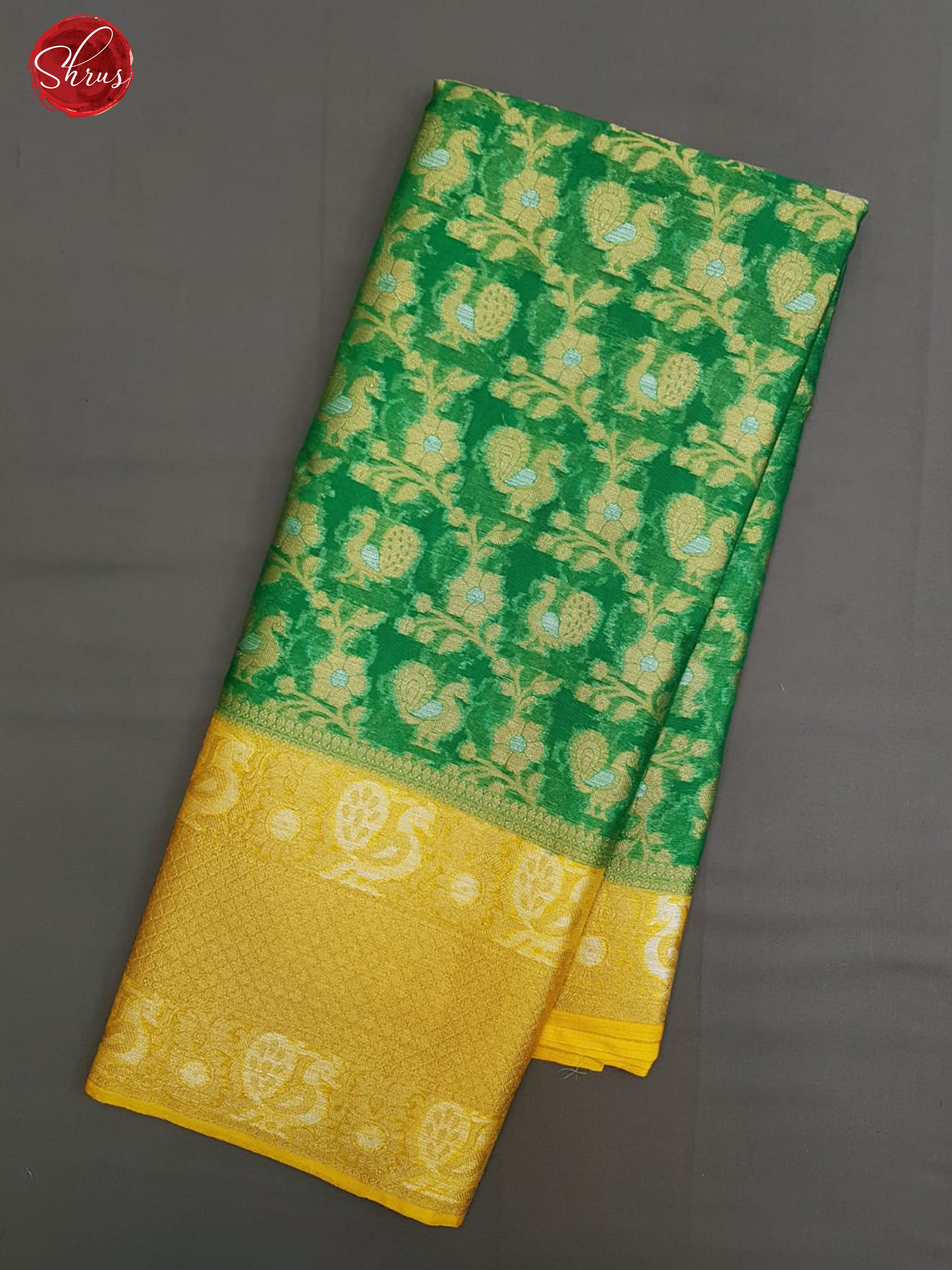 Green & Mustard - Kota Banarasi with zari woven Peacock in floral brocade on the body & Contrast Zari Border - Shop on ShrusEternity.com