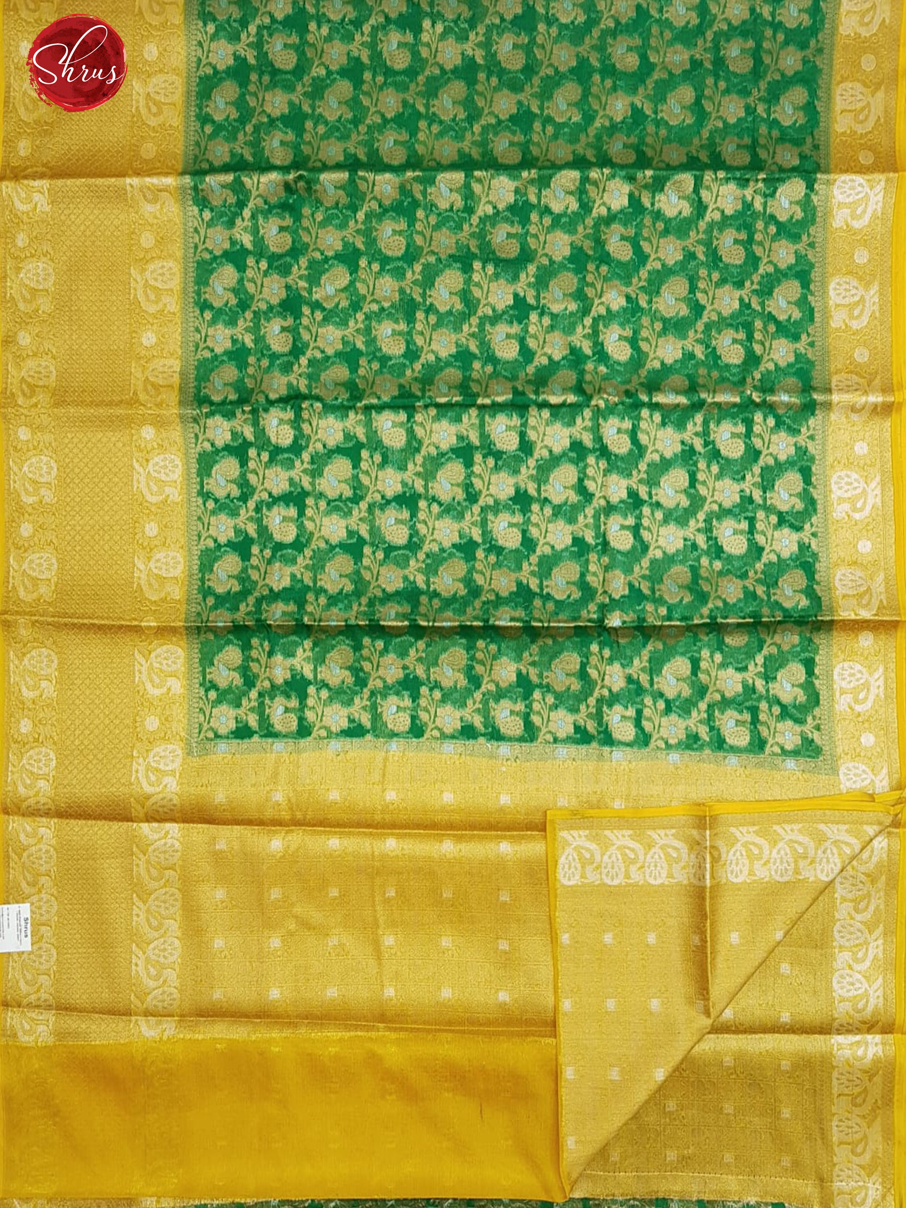 Green & Mustard - Kota Banarasi with zari woven Peacock in floral brocade on the body & Contrast Zari Border - Shop on ShrusEternity.com
