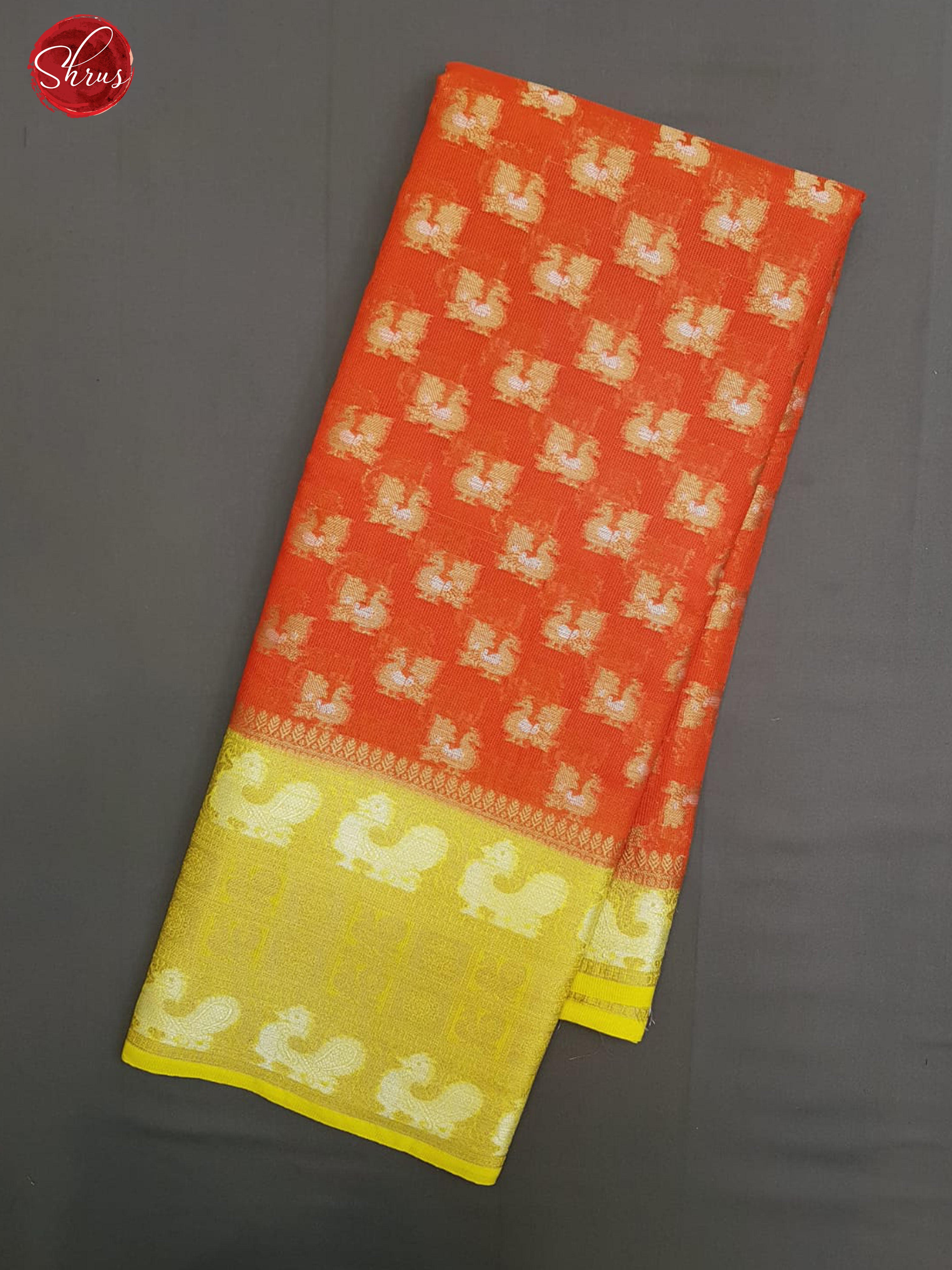 Orange & yellow - Kota Banarasi with zari woven Peacock motifs on the body & Contrast Zari Border - Shop on ShrusEternity.com