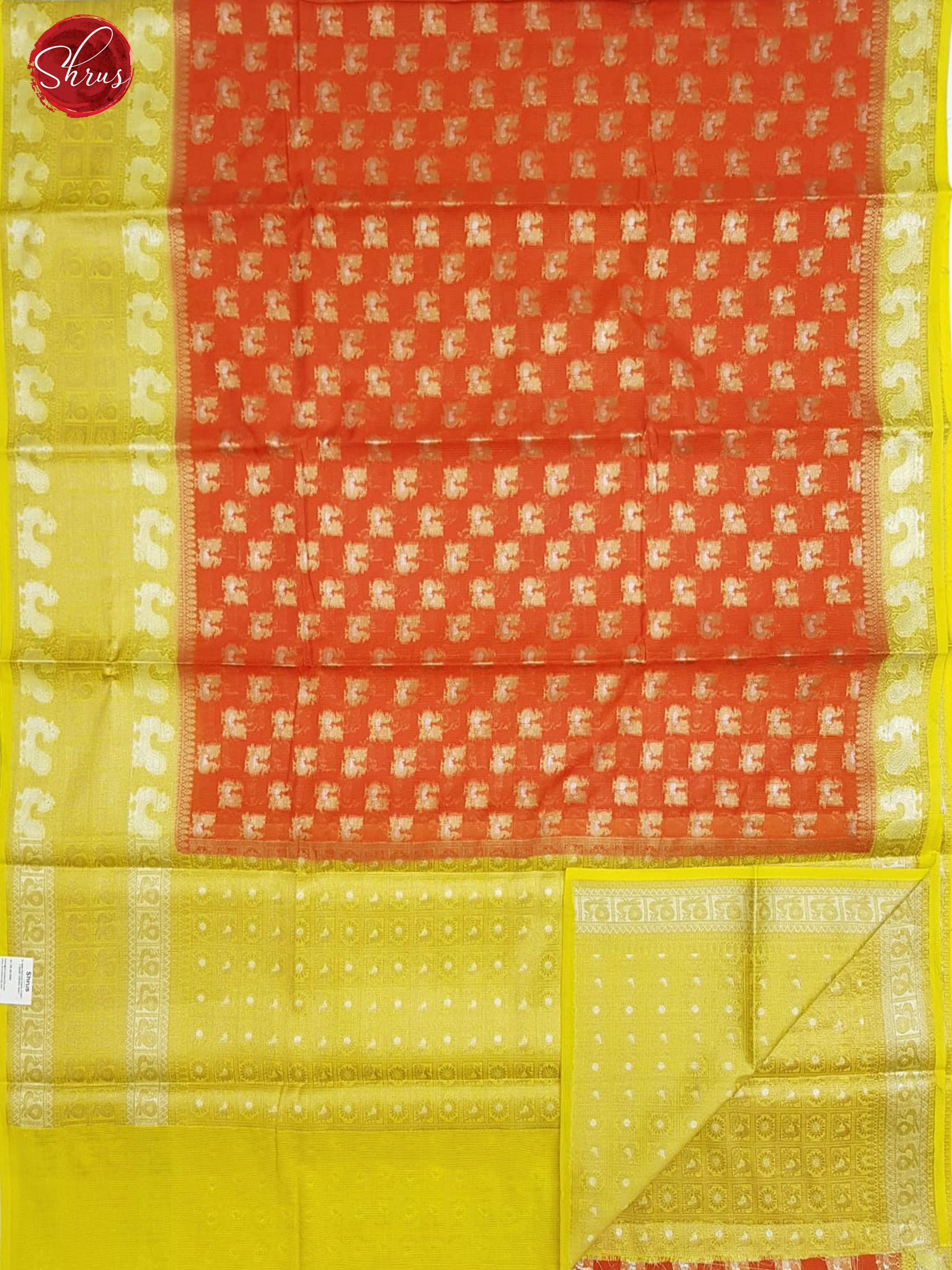 Orange & yellow - Kota Banarasi with zari woven Peacock motifs on the body & Contrast Zari Border - Shop on ShrusEternity.com