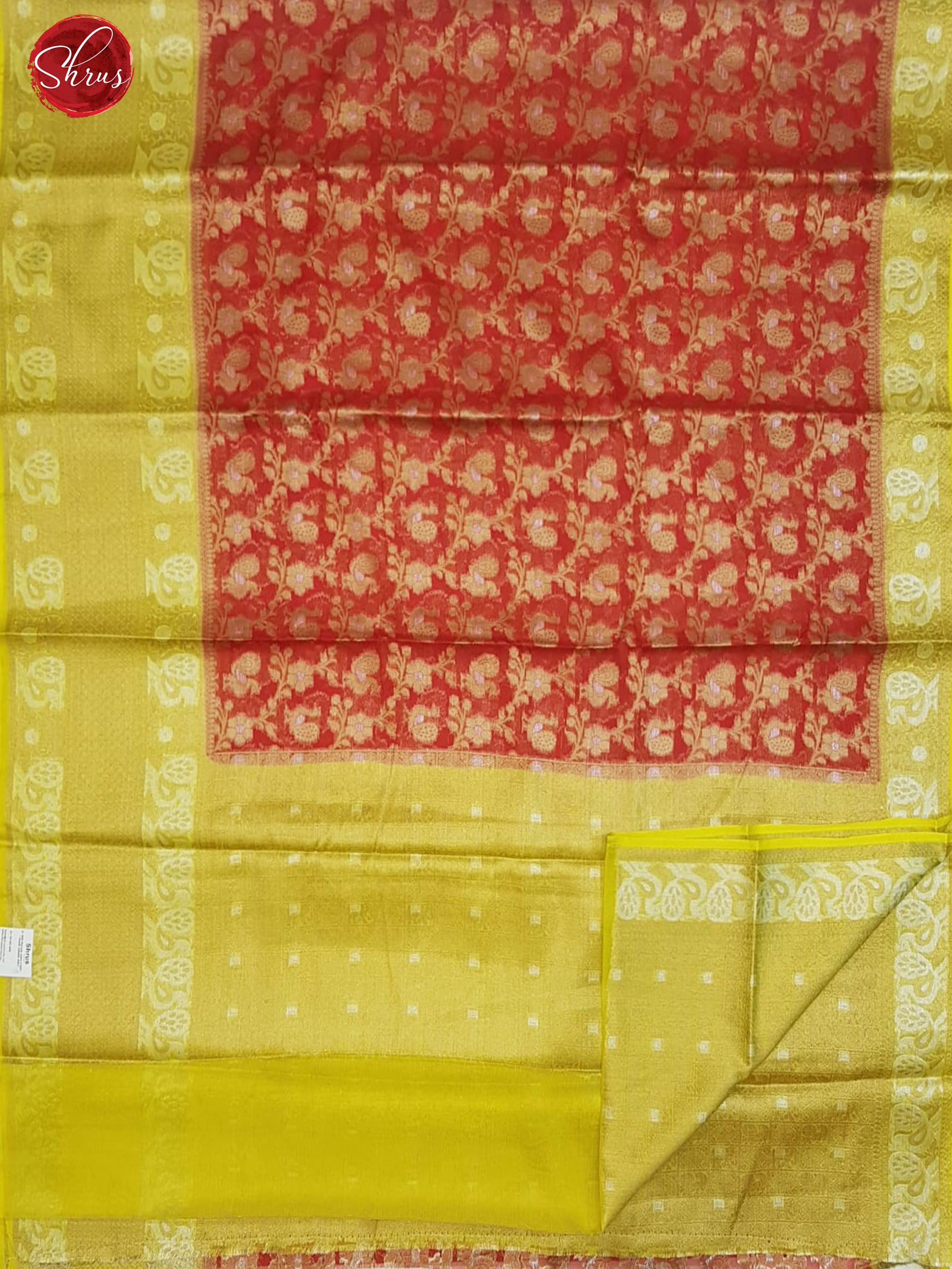 Red & Yellow - Kota Banarasi with zari woven Peacock motifs on the body & Contrast Zari Border - Shop on ShrusEternity.com