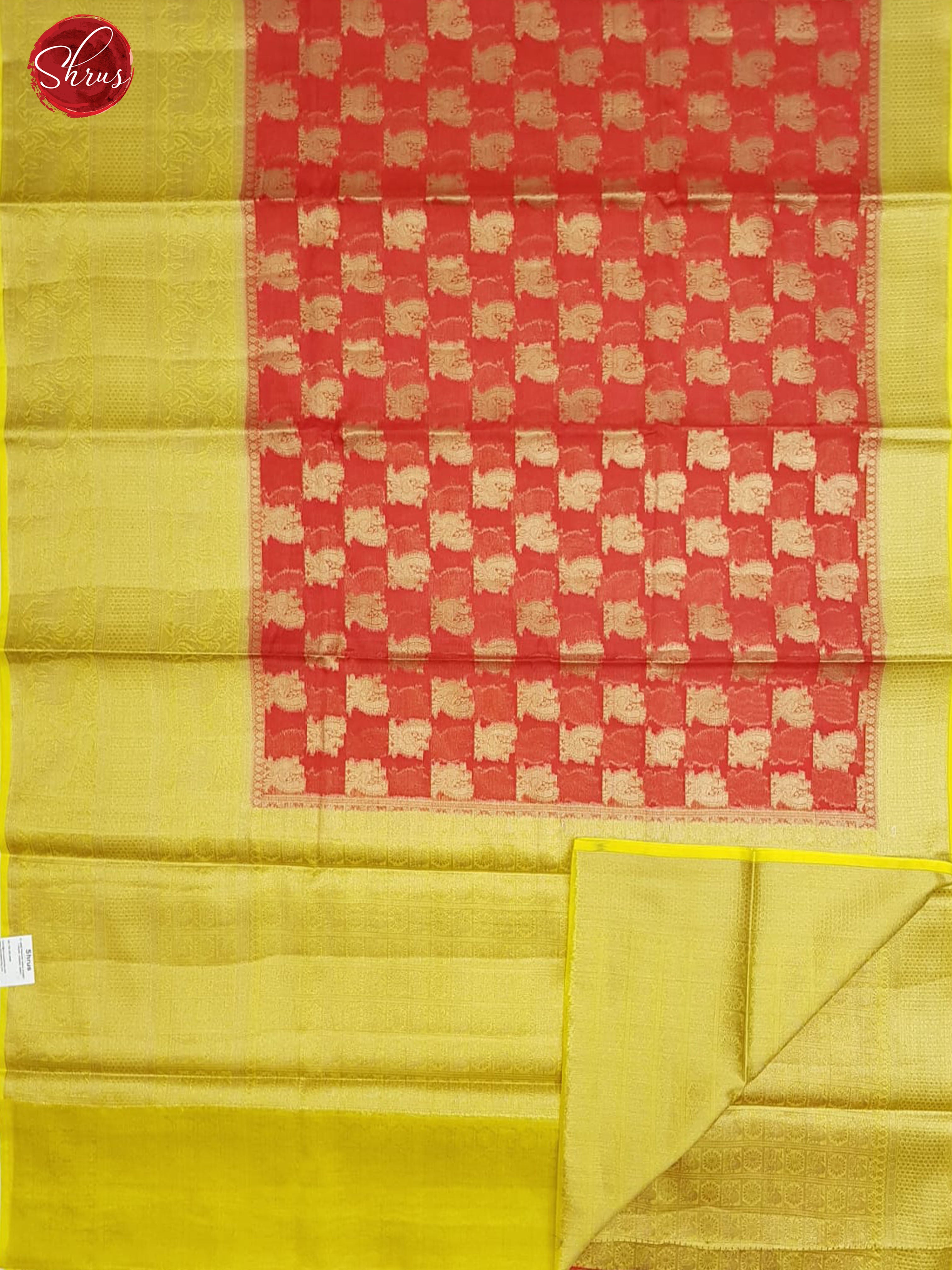 Red & Yellow -Kota Banarasi with zari woven peacock motifs on the body and zari border - Shop on ShrusEternity.com