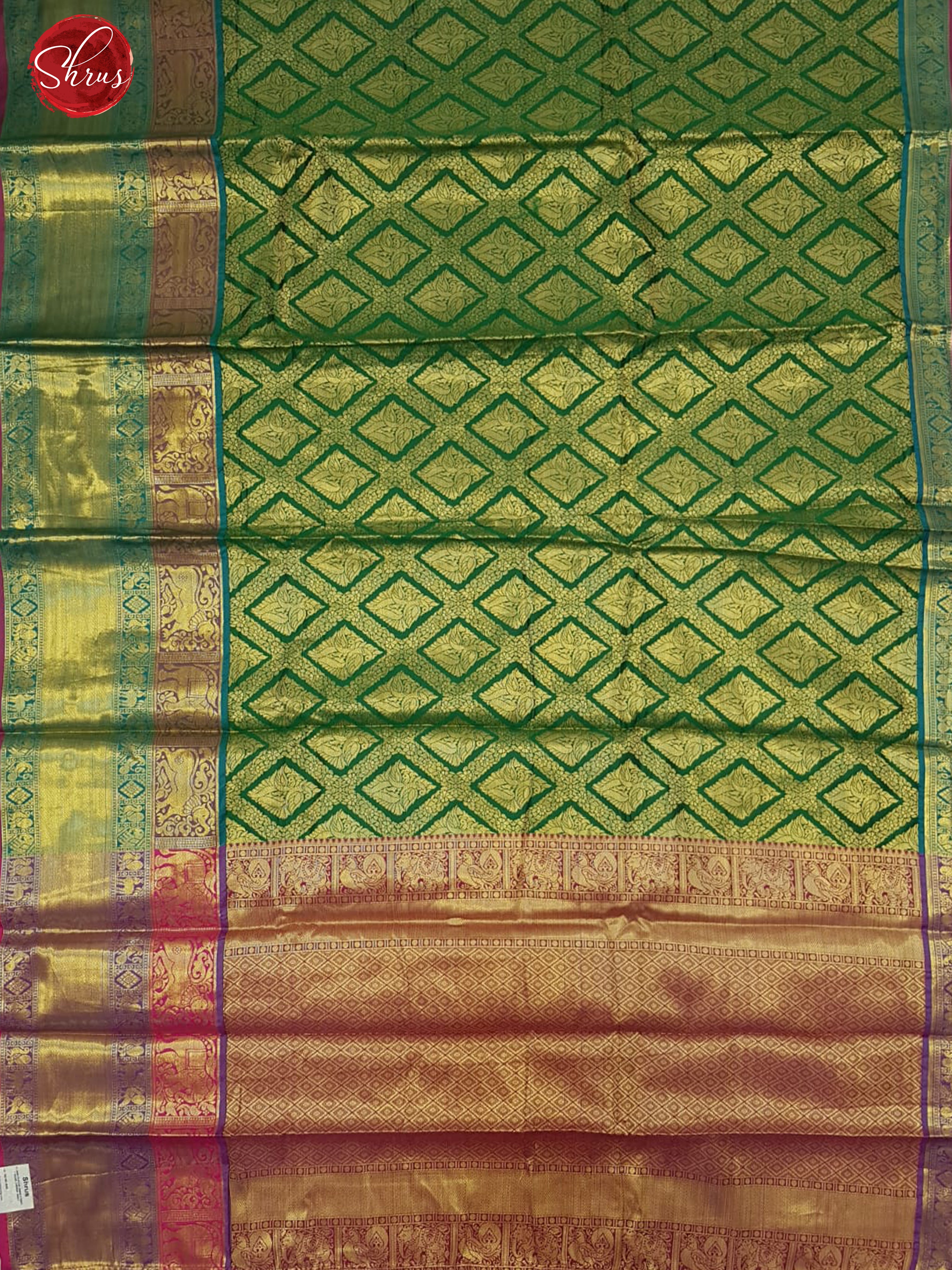 Green & Pink - Semi Kanchipuram Silk with zari brocade on the body & Contrast Zari Border - Shop on ShrusEternity.com