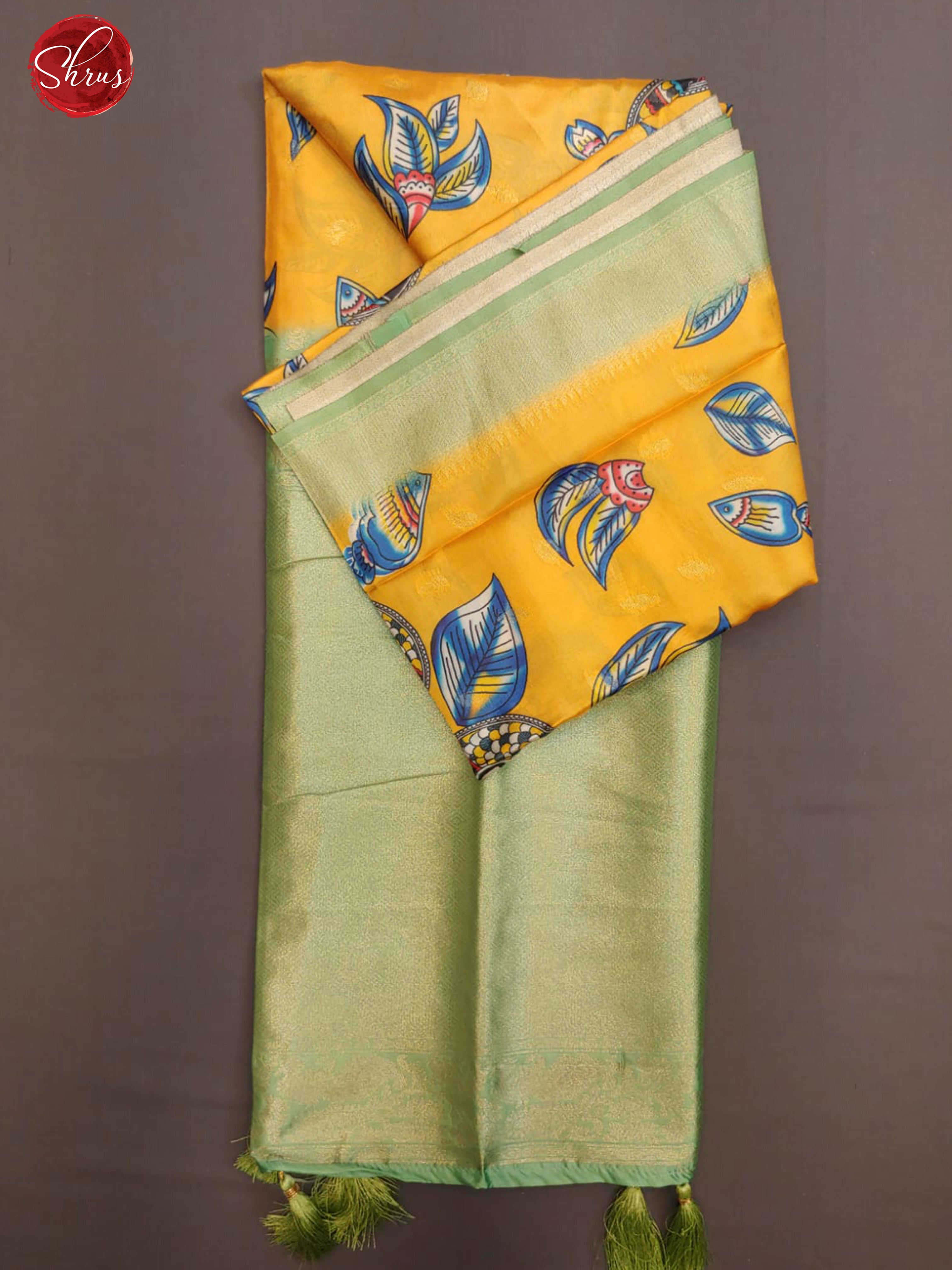 Mambala Yellow & Green - Semi Dupion with floral print on the body & Contrast Zari Border - Shop on ShrusEternity.com