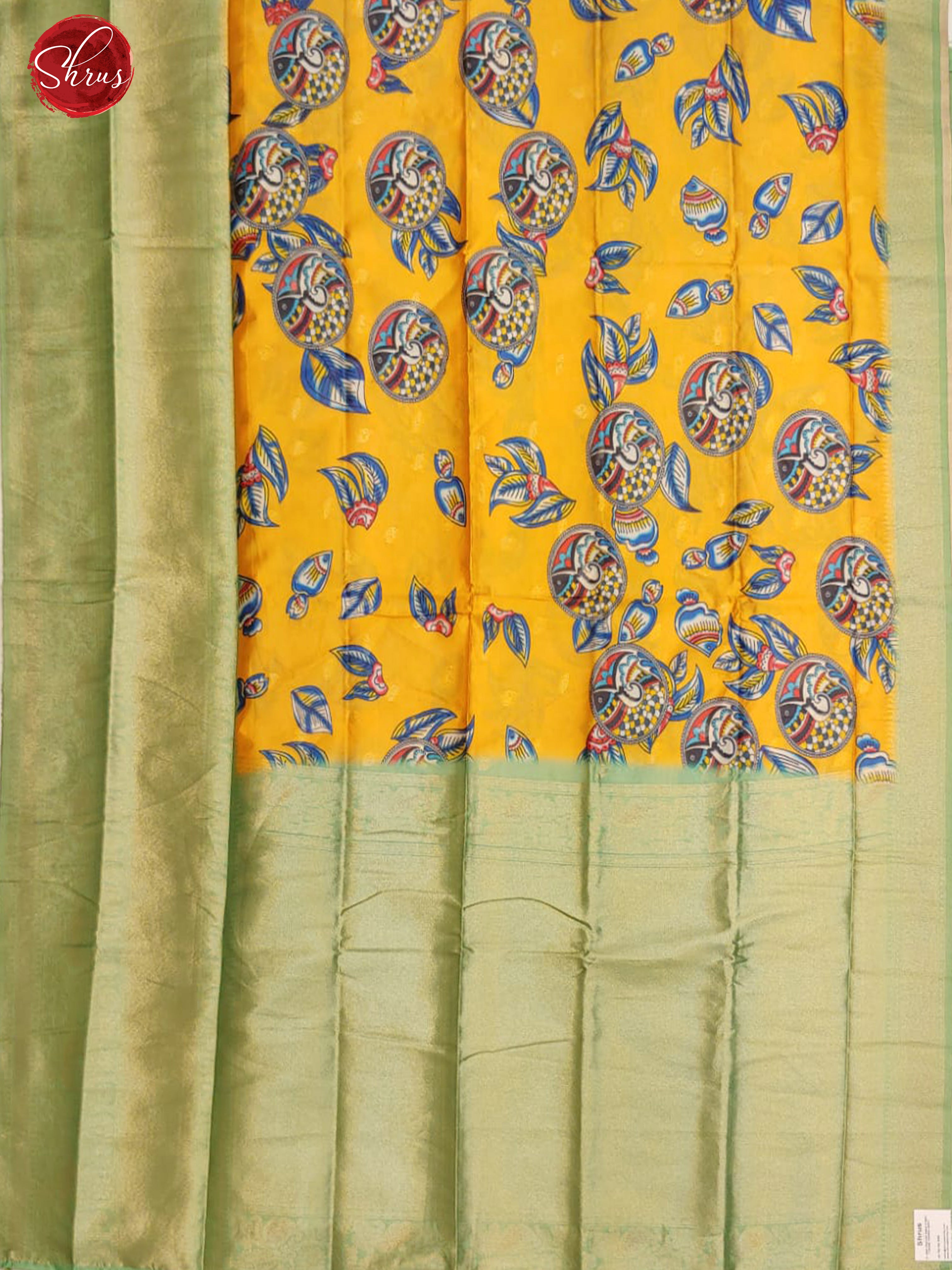 Mambala Yellow & Green - Semi Dupion with   floral print on the body & Contrast Zari Border - Shop on ShrusEternity.com