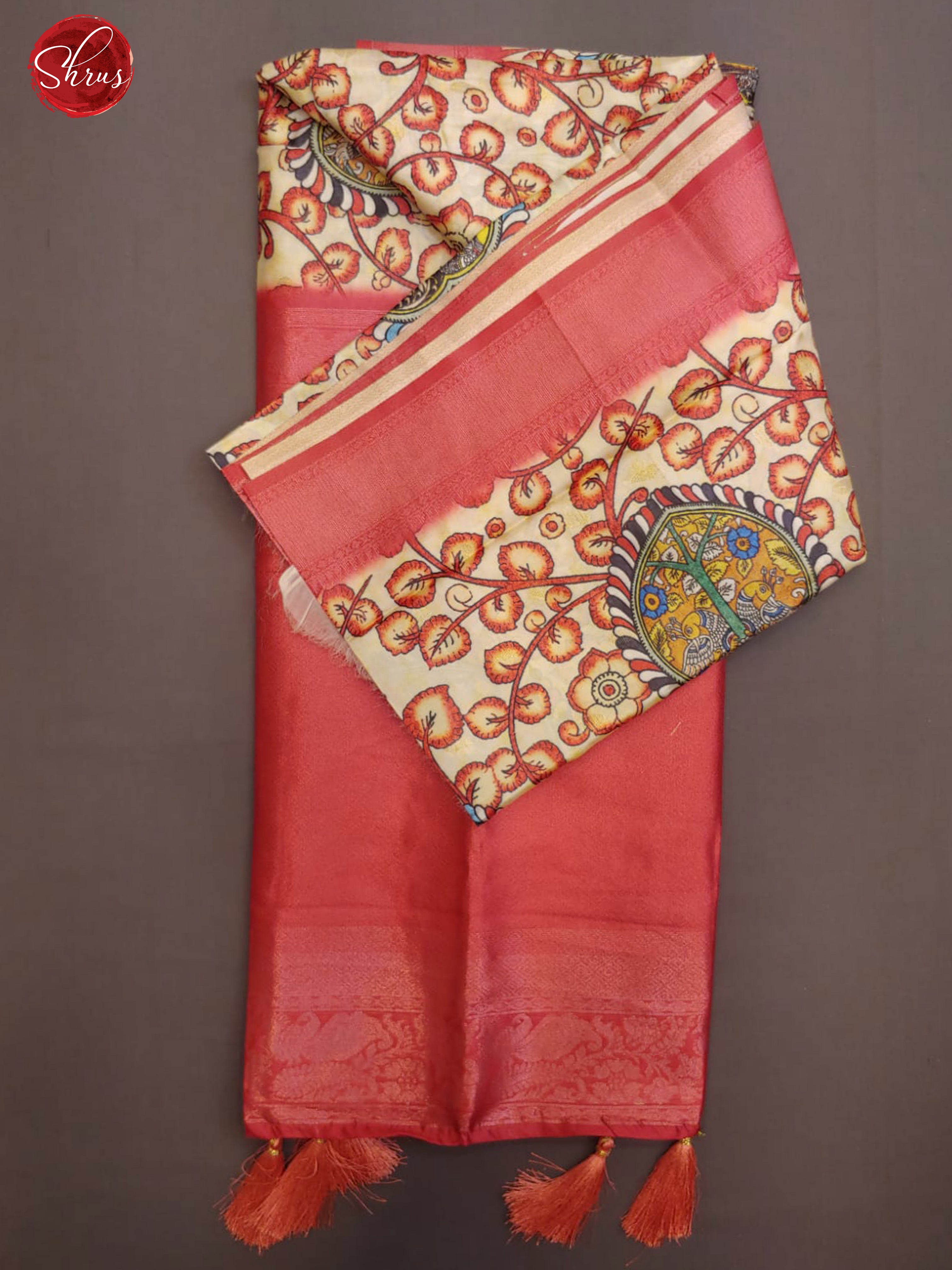 Cream & Pink - Semi Dupion with kalamkari floral print on the body & Contrast Zari Border - Shop on ShrusEternity.com