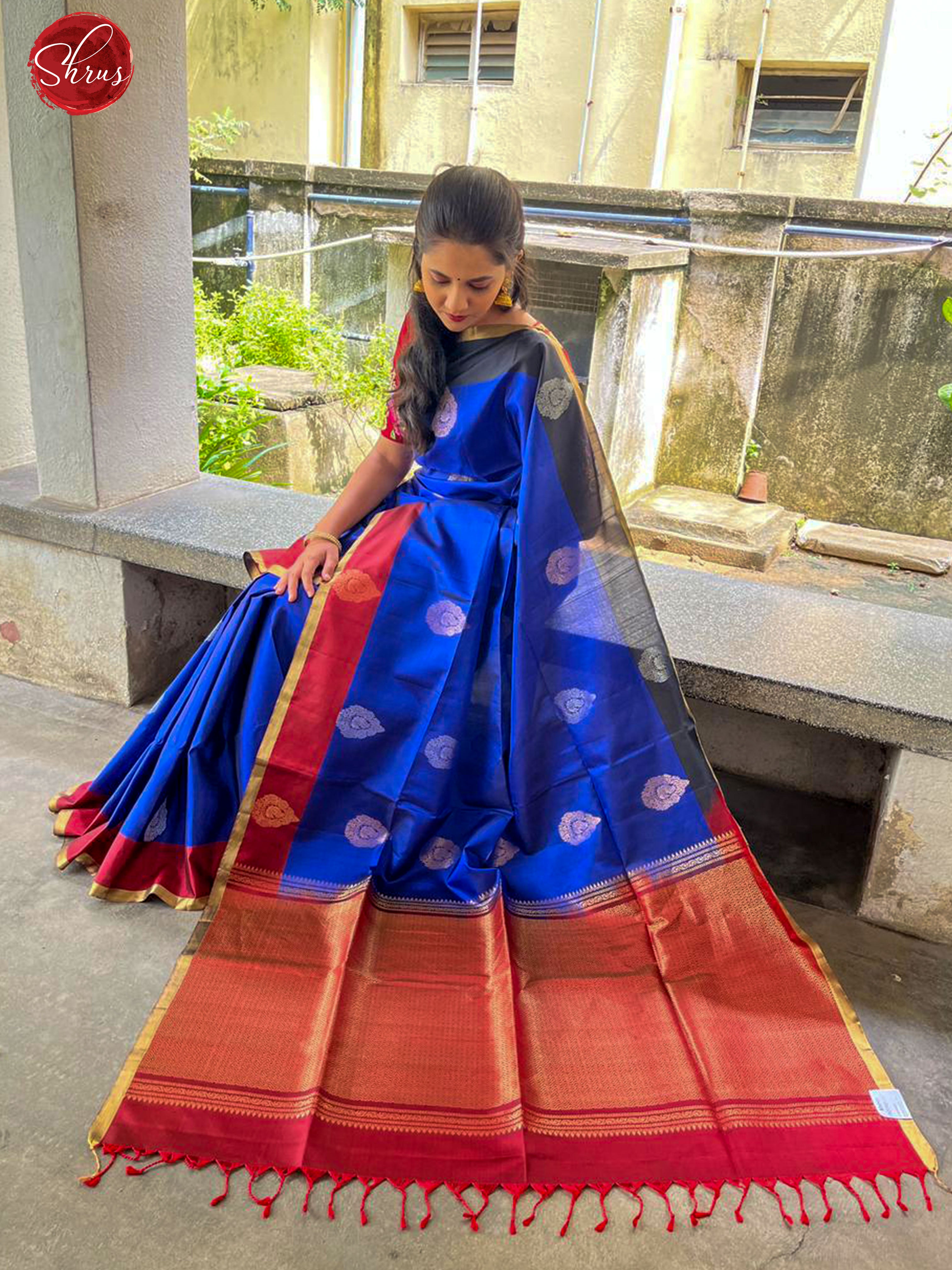 Blue & Red - Soft Silk with zari woven floral motifs on the body & Contrast Border - Shop on ShrusEternity.com