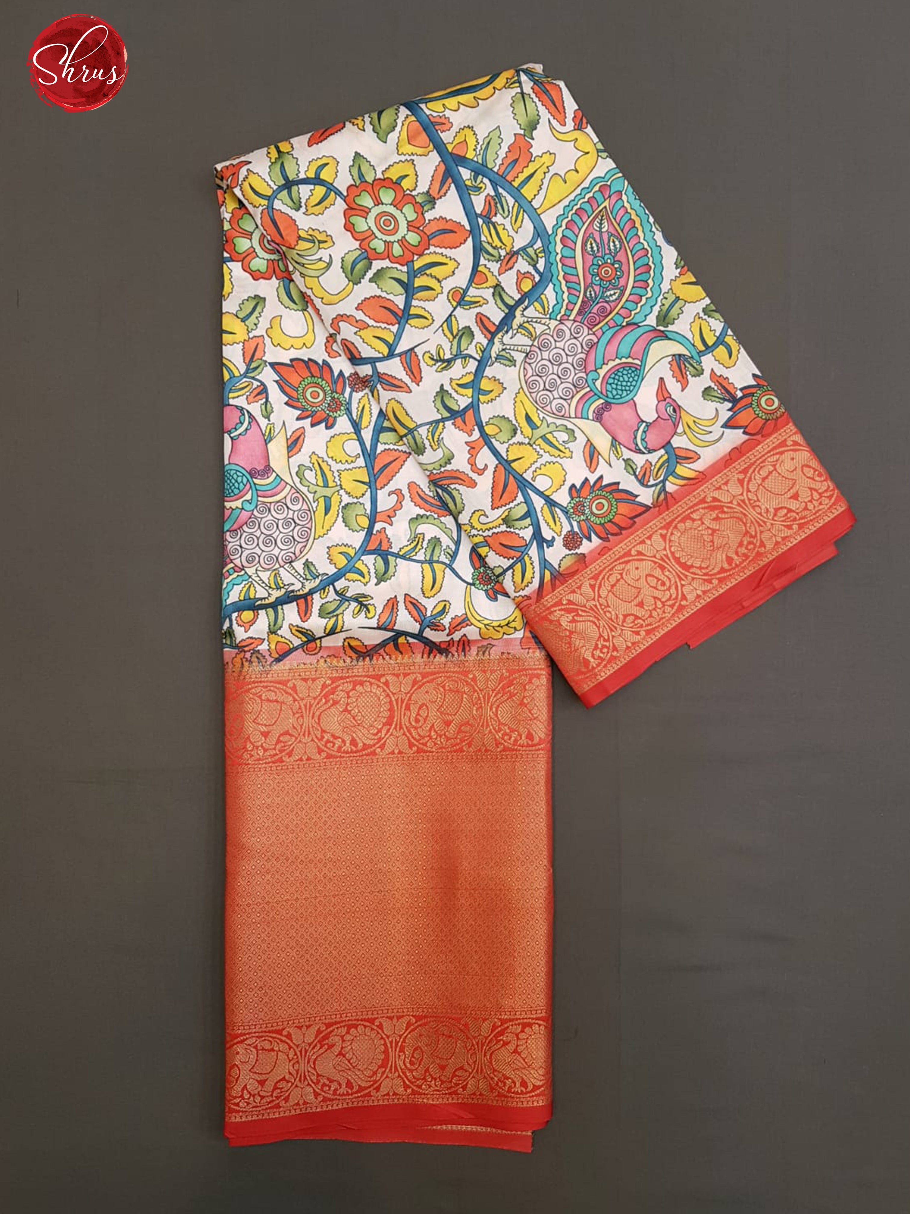 Cream & Red - Semi Dupion Kurti Unstitched material with kalamkari print & contrast Zari Border - Shop on ShrusEternity.com