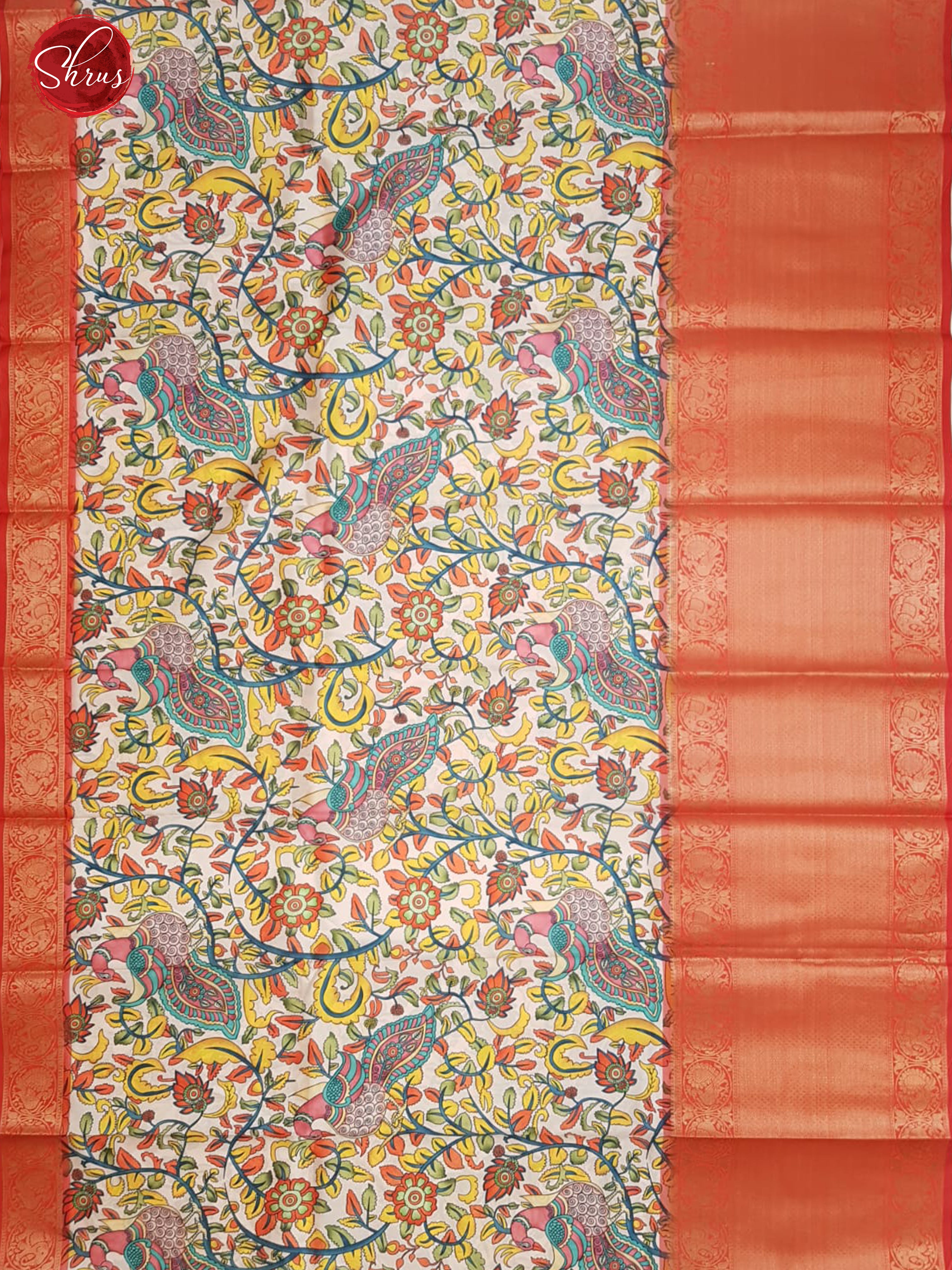 Cream & Red - Semi Dupion Kurti Unstitched material with kalamkari print & contrast Zari Border - Shop on ShrusEternity.com