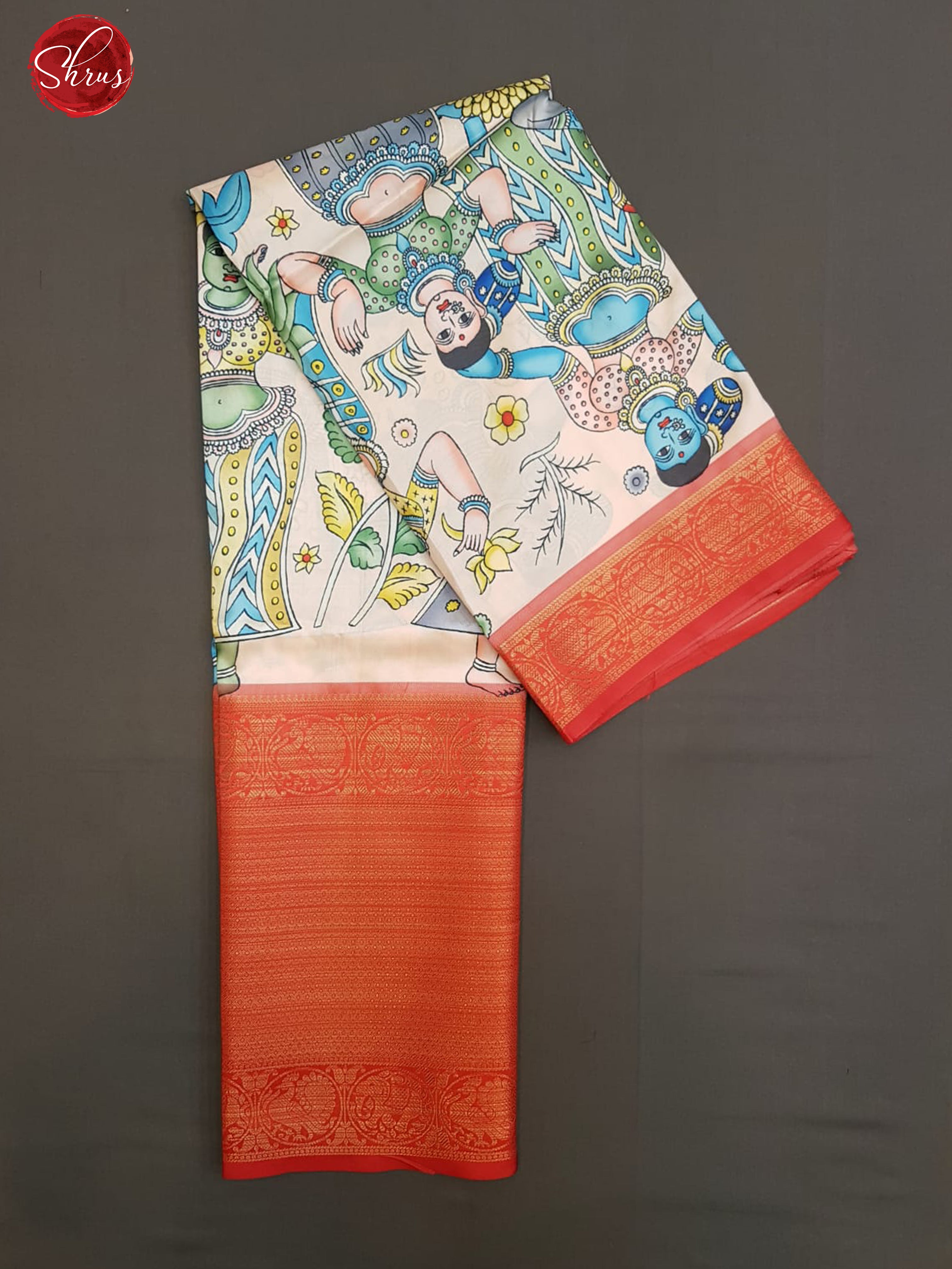 Peach & Red - Semi Dupion Kurti Unstitched material with kalamkari print & contrast Zari Border - Shop on ShrusEternity.com