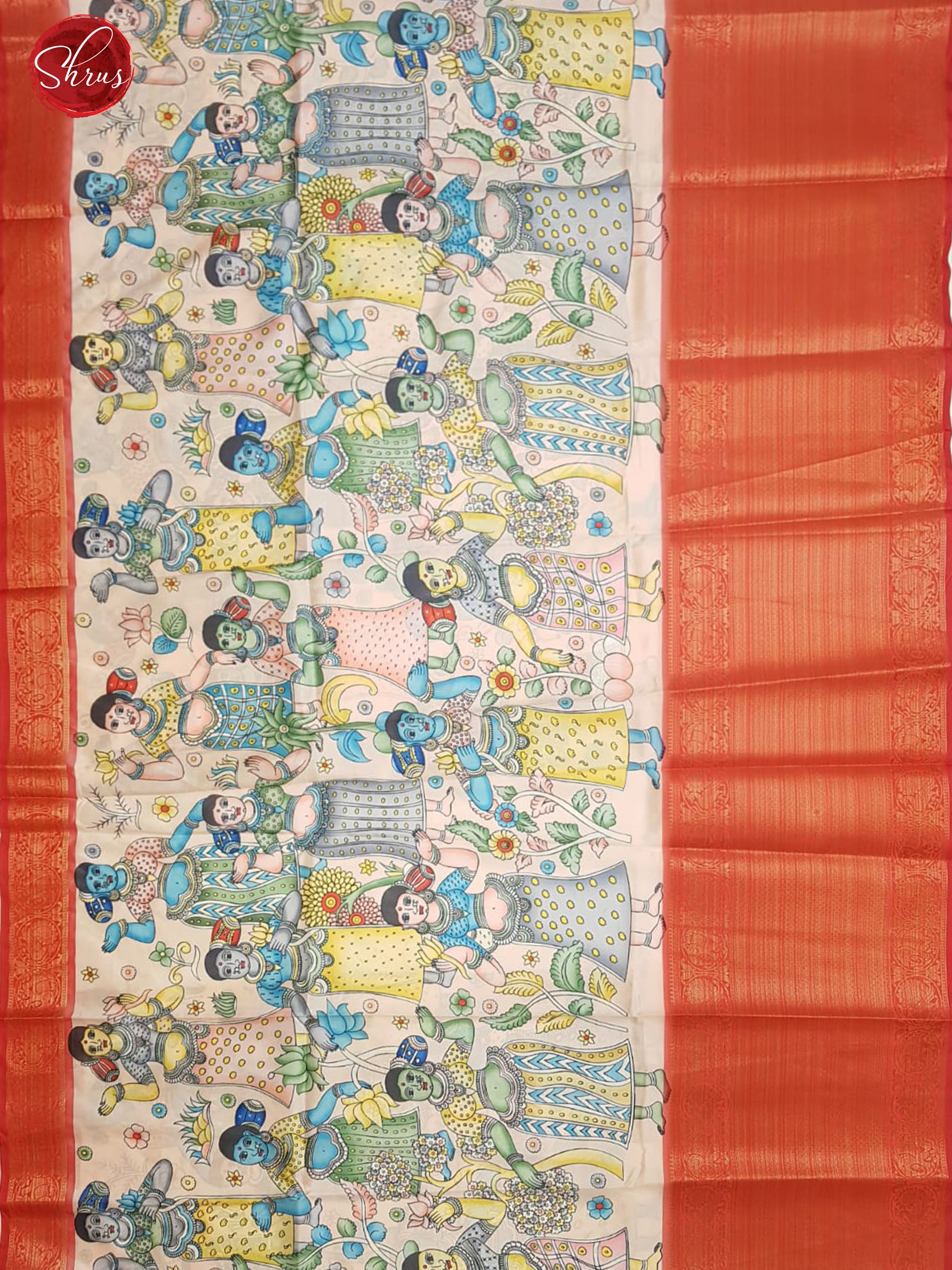 Peach & Red - Semi Dupion Kurti Unstitched material with kalamkari print & contrast Zari Border - Shop on ShrusEternity.com