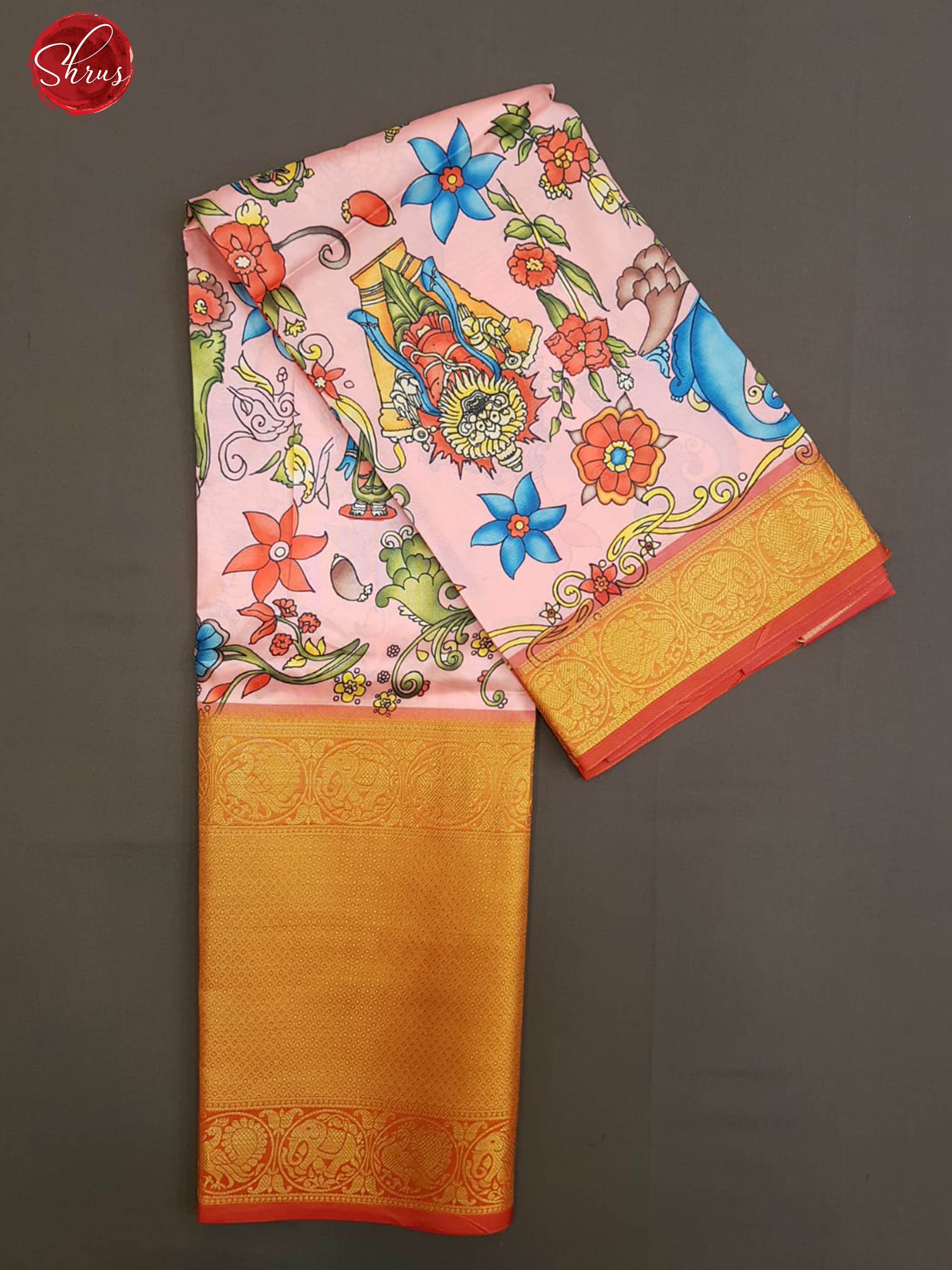 Peach & Red - Semi Dupion Kurti Unstitched material with kalamkari print & contrast Zari Border - Shop on ShrusEternity.com