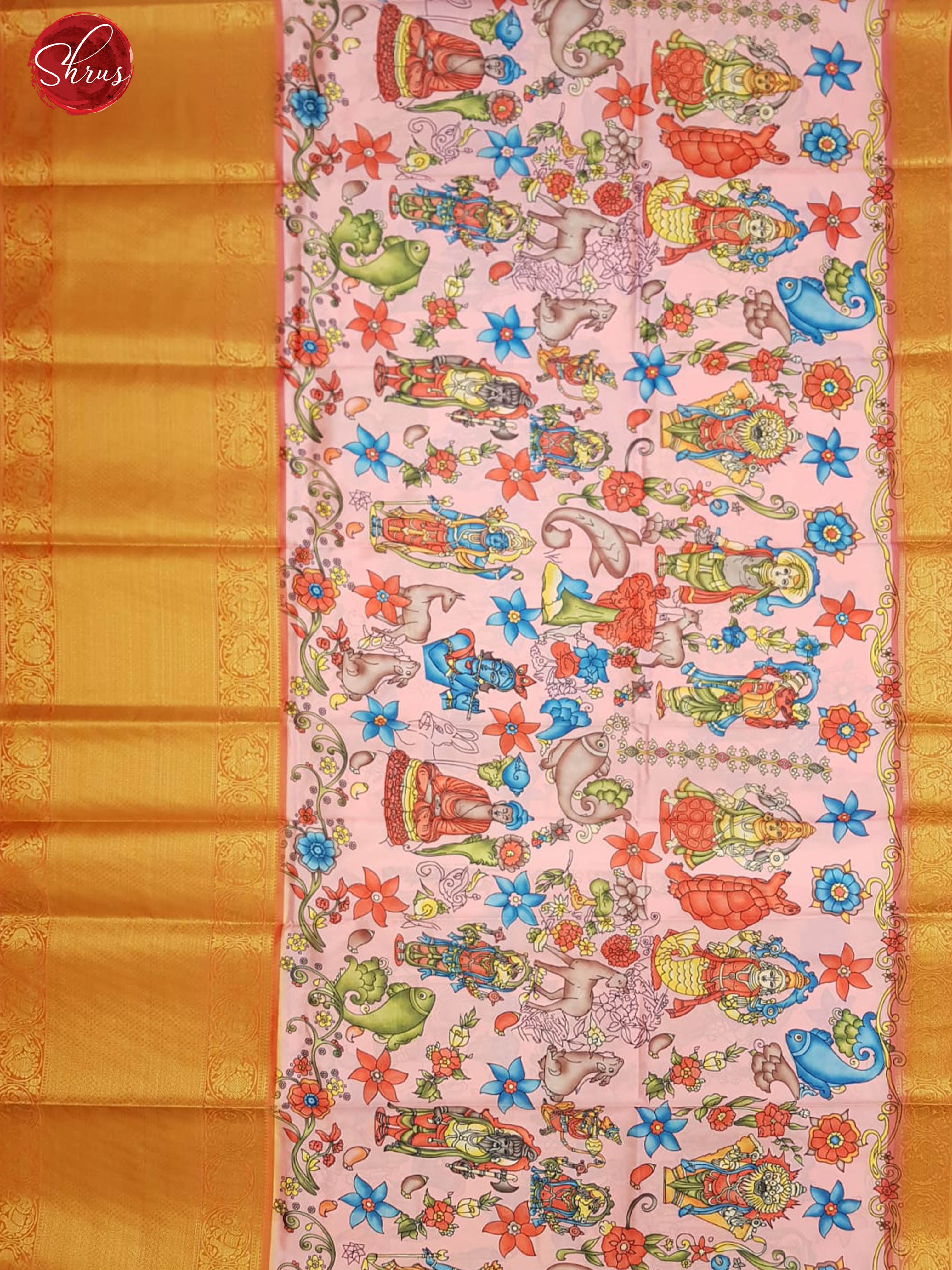 Peach & Red - Semi Dupion Kurti Unstitched material with kalamkari print & contrast Zari Border - Shop on ShrusEternity.com