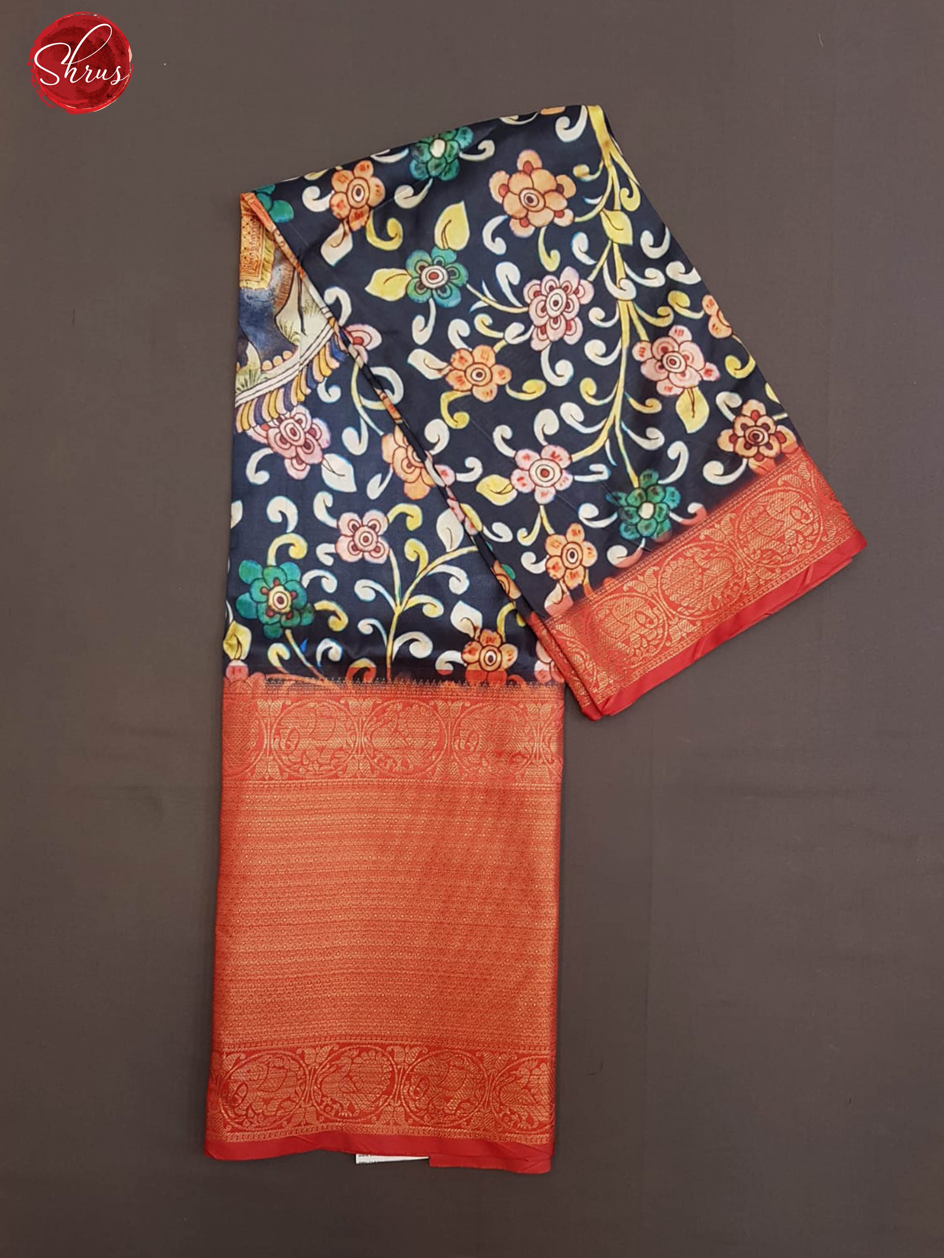 Blue & Red - Semi Dupion Kurti Unstitched material with kalamkari print & contrast Zari Border - Shop on ShrusEternity.com