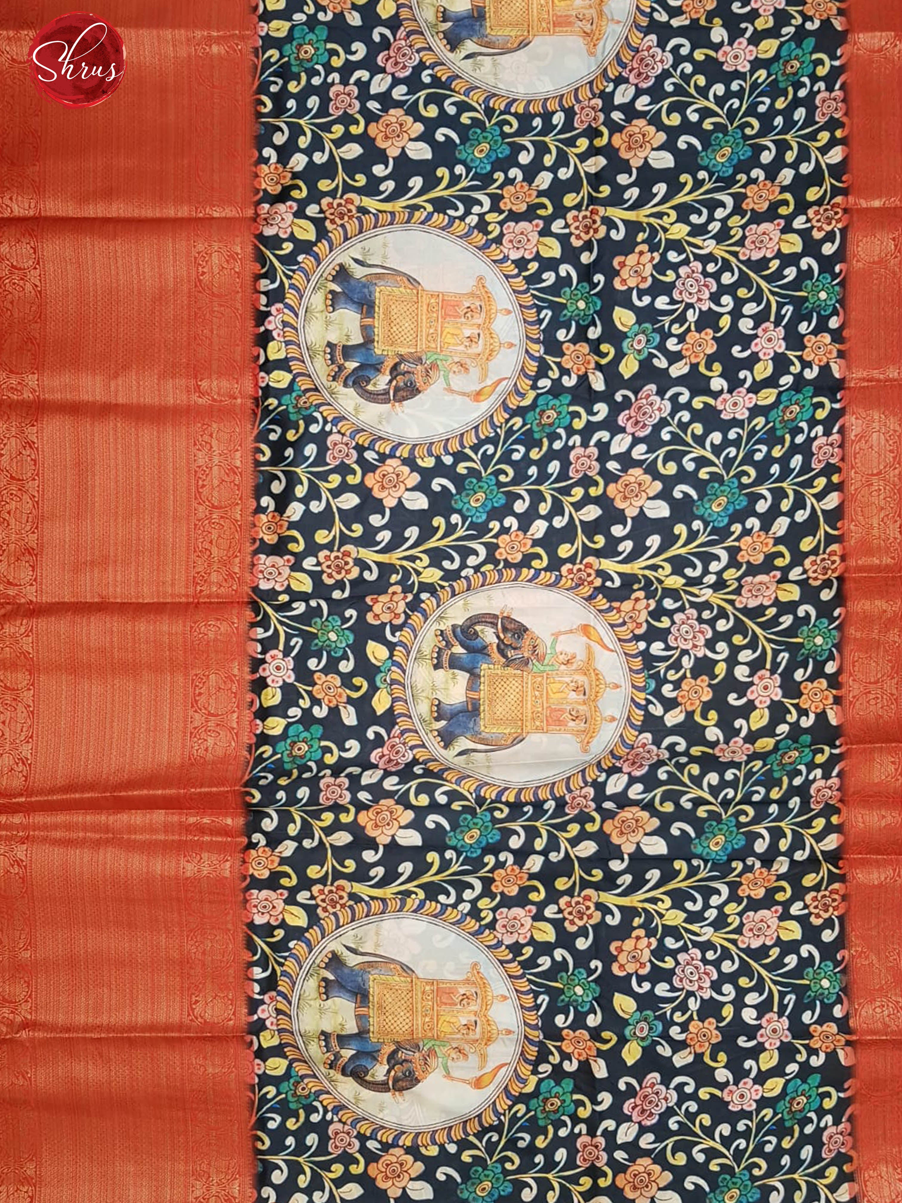 Blue & Red - Semi Dupion Kurti Unstitched material with kalamkari print & contrast Zari Border - Shop on ShrusEternity.com