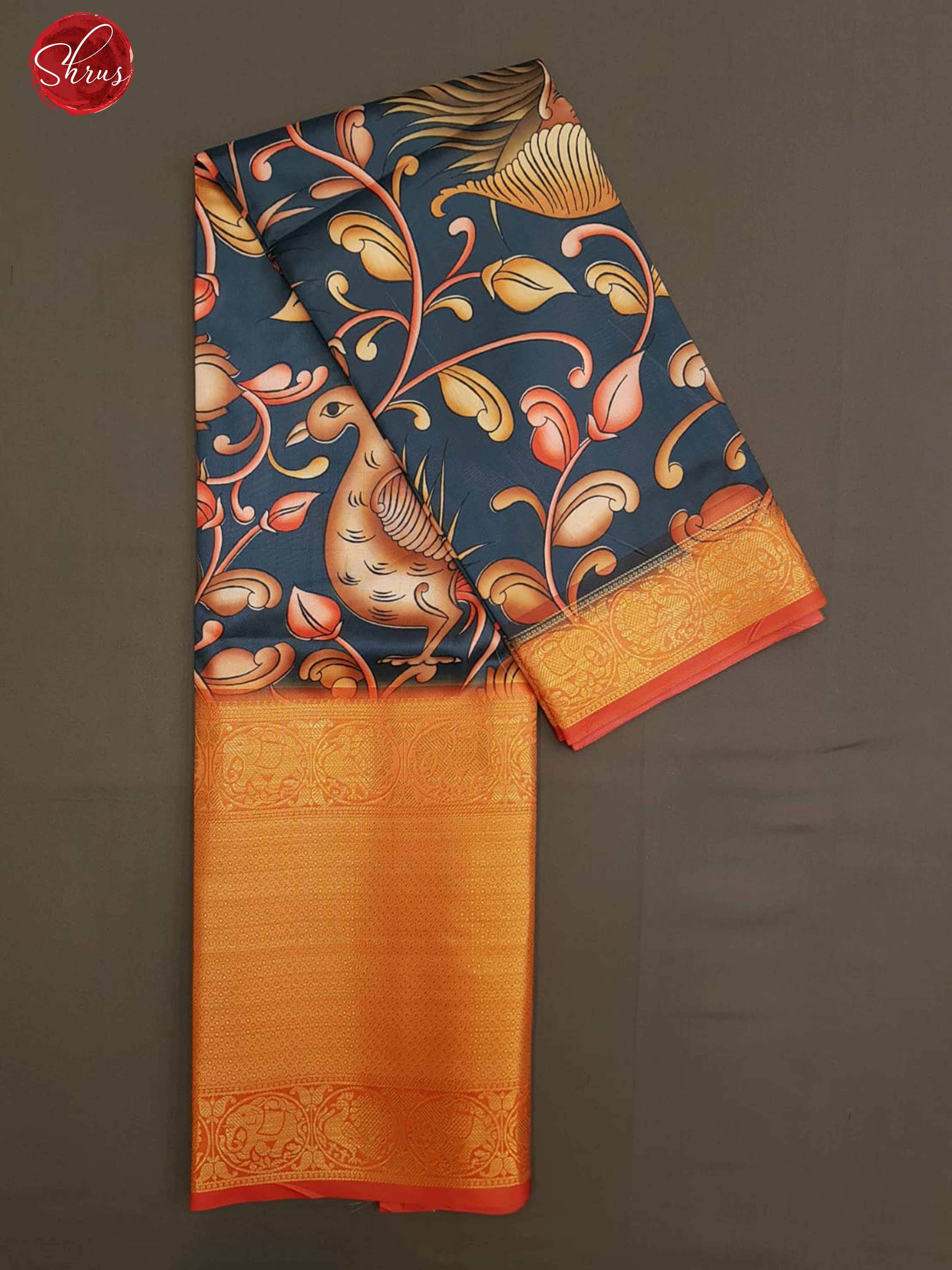 Blue & Red - Semi Dupion Kurti Unstitched material with kalamkari print & contrast Zari Border - Shop on ShrusEternity.com