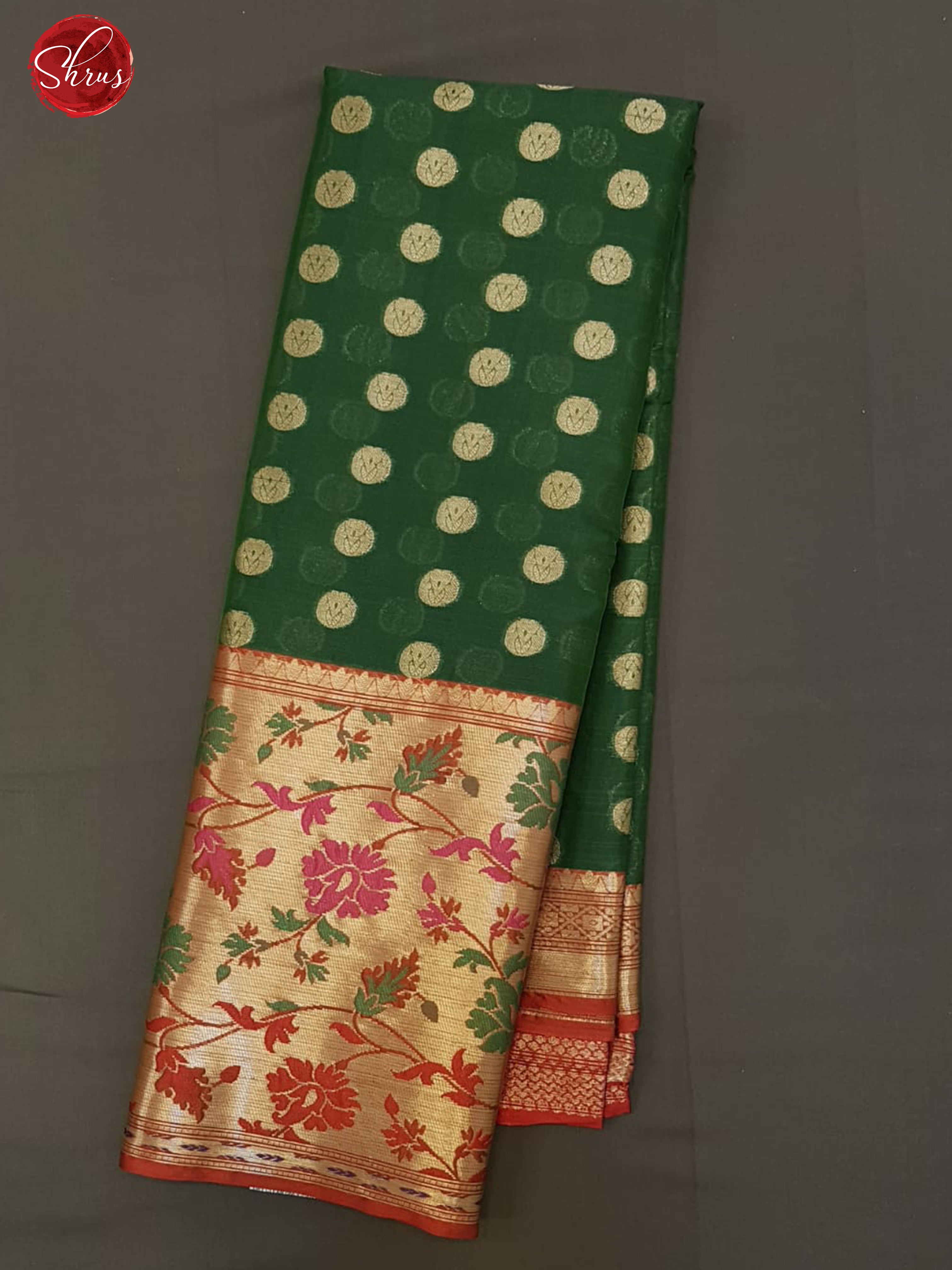Green & Grey - Semi Kanchipuram Silk with zari woven round buttas on the body& Contrast Zari Border - Shop on ShrusEternity.com
