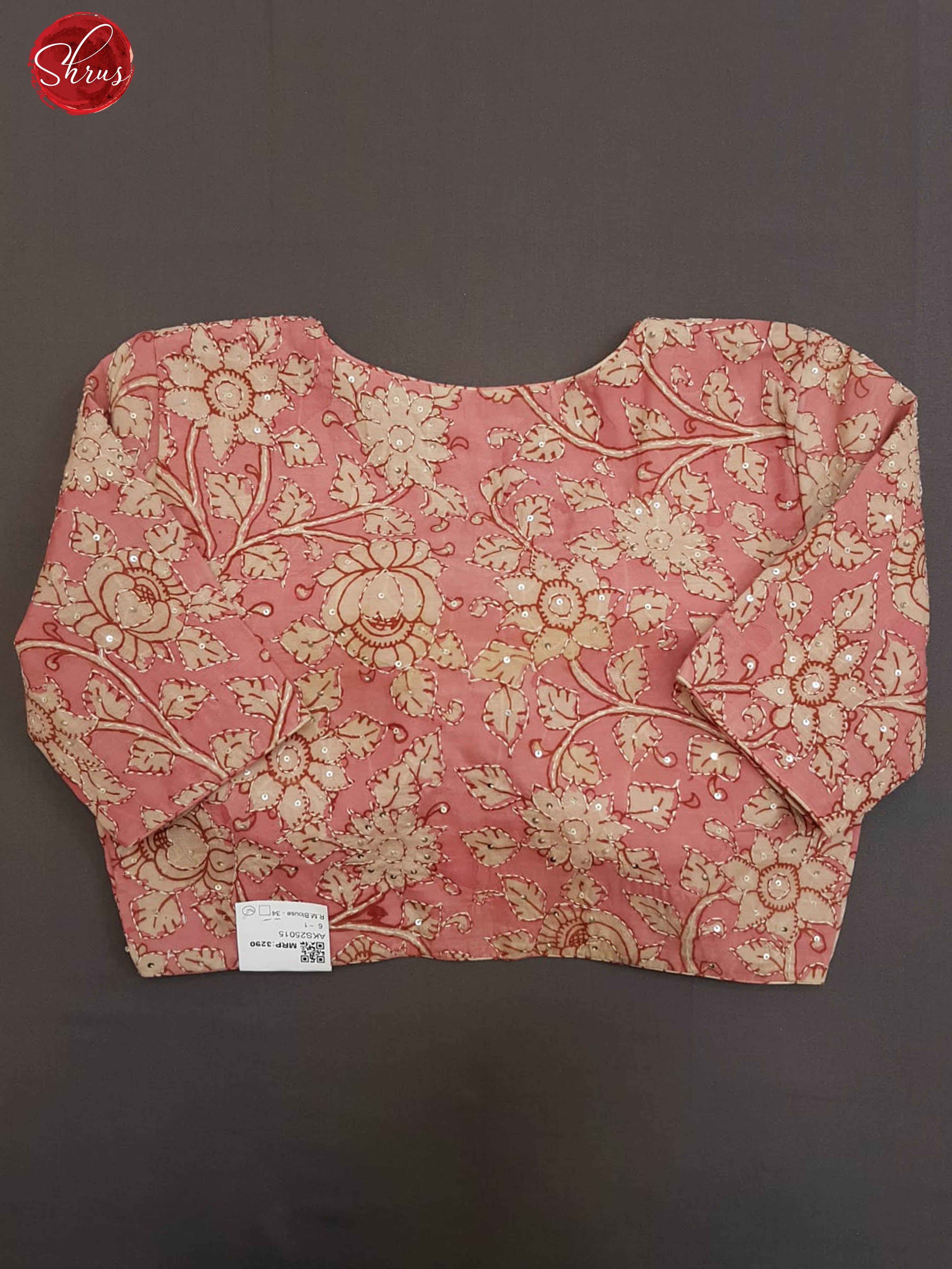 Pink - Readymade floral print , Sequence work Blouse with front hook, short sleeves , Boat shaped - neckline & Size - 34 - Shop on ShrusEternity.com