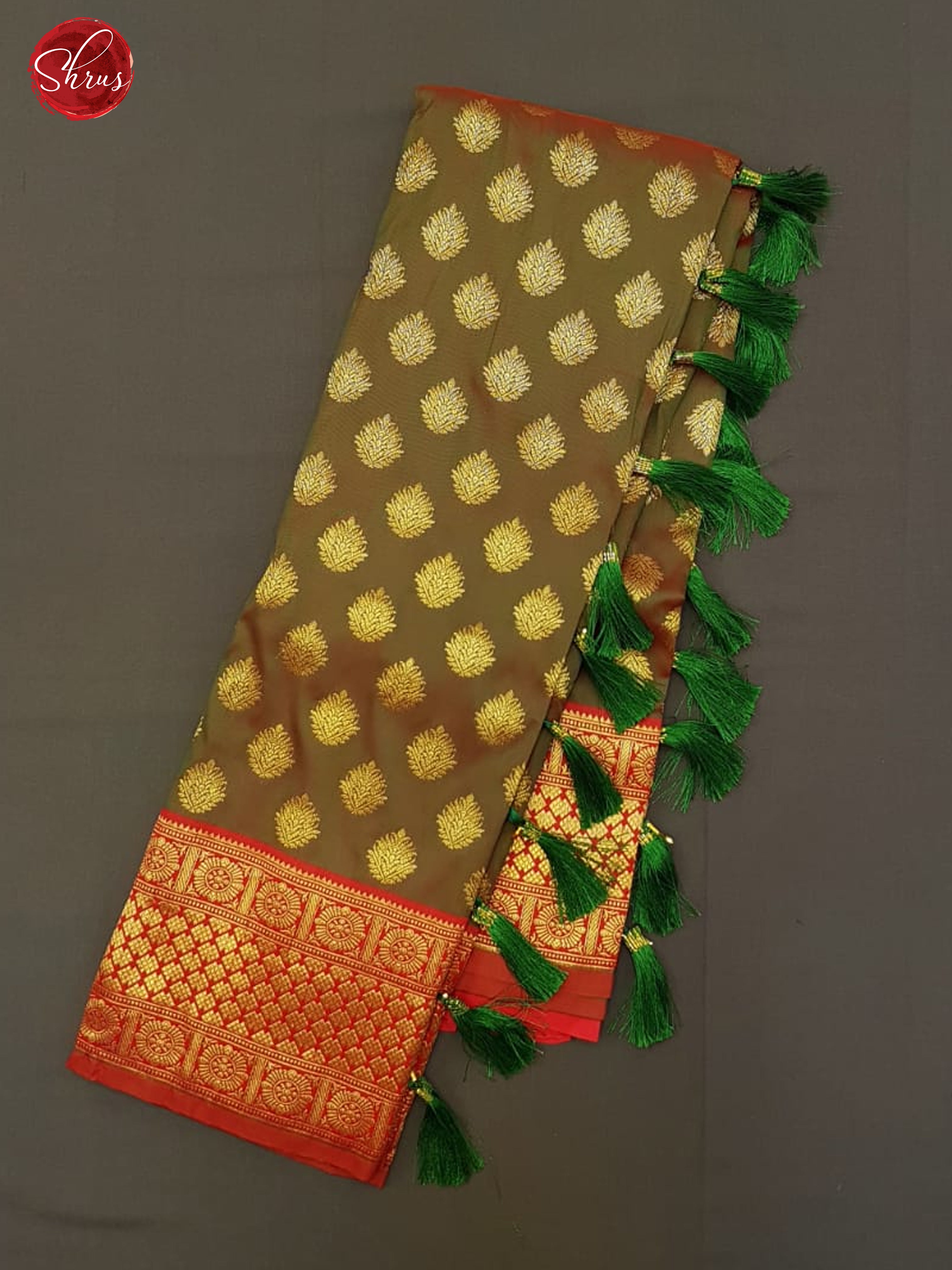 Greenish Brown & Red-Semi Kanchipuram with Zari woven floral buttas on the body & Zari Border - Shop on ShrusEternity.com