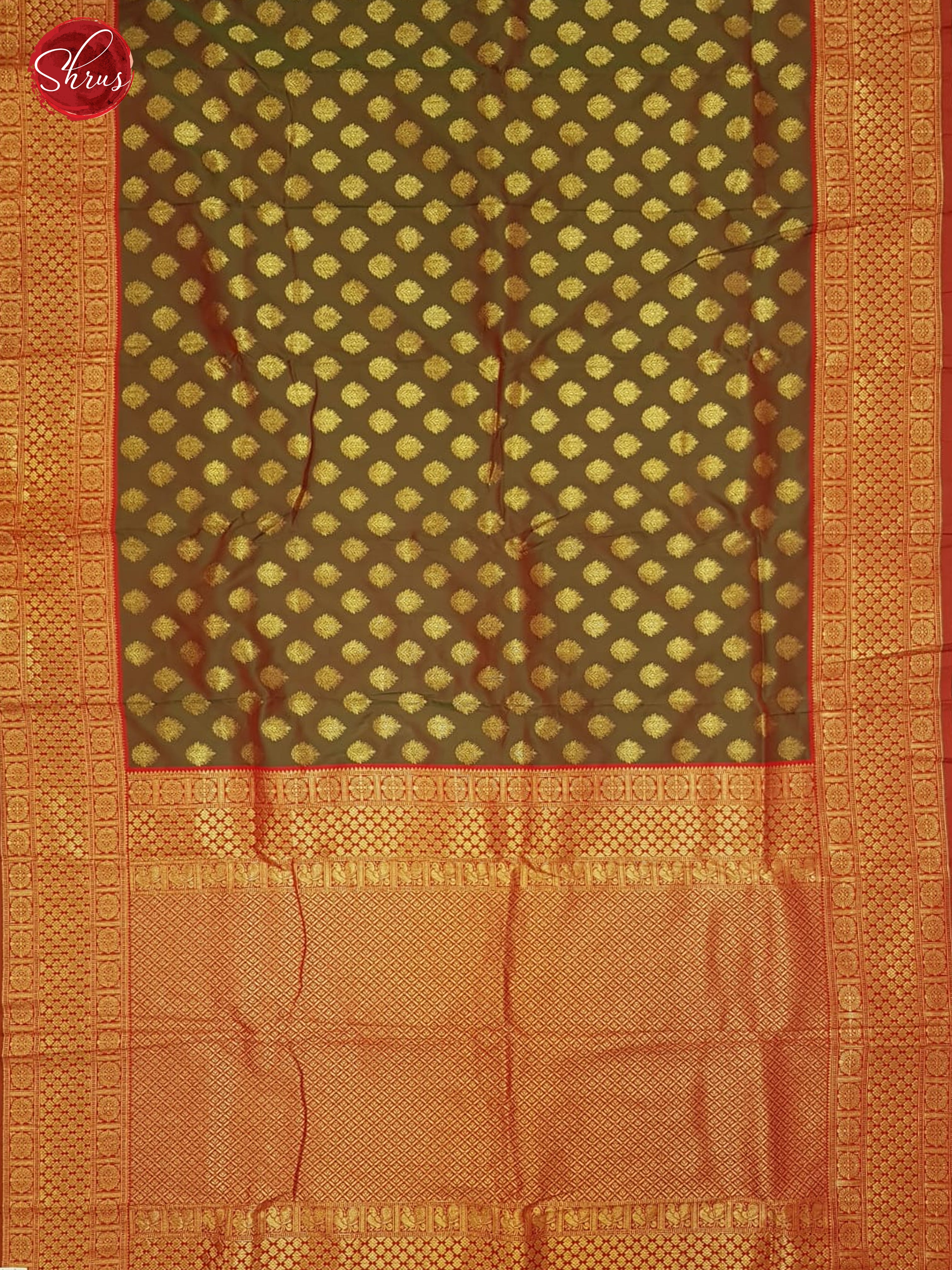 Greenish Brown & Red-Semi Kanchipuram with Zari woven floral buttas on the body & Zari Border - Shop on ShrusEternity.com