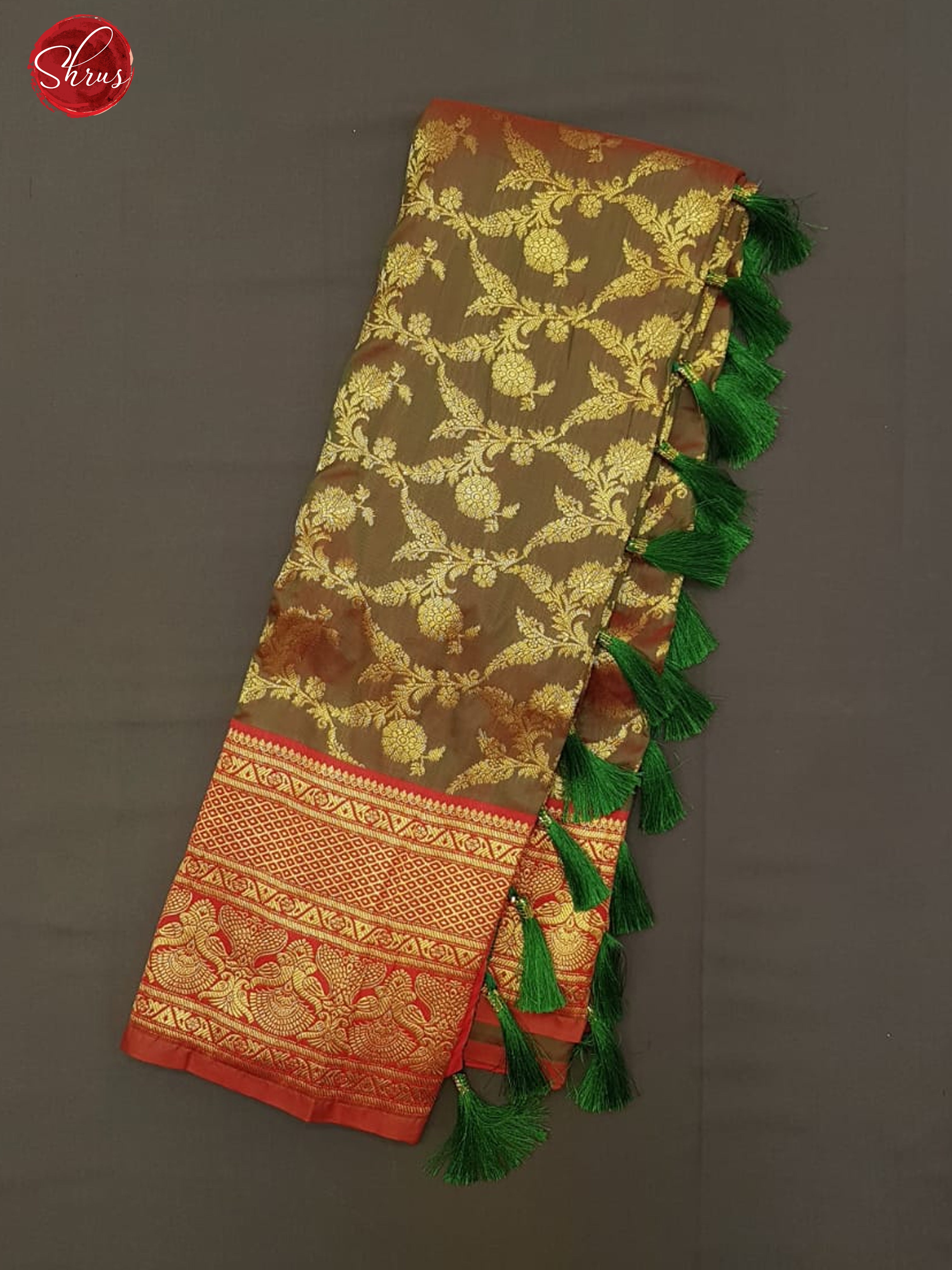 Greenish Brown & Red - Semi Kanchipuram with Zari woven floral nestling brocade on the body & Zari Border - Shop on ShrusEternity.com