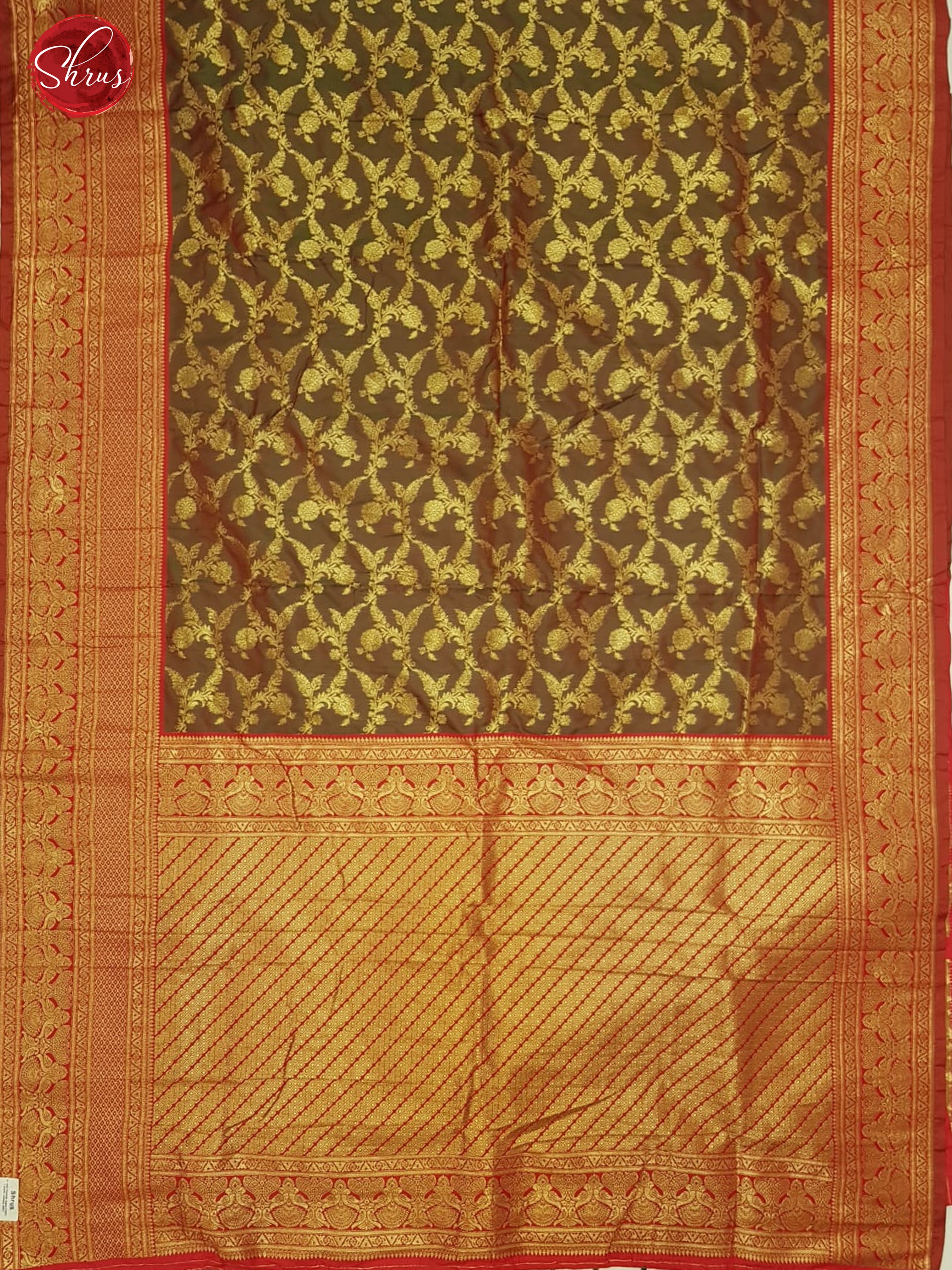 Greenish Brown & Red - Semi Kanchipuram with Zari woven floral nestling brocade on the body & Zari Border - Shop on ShrusEternity.com
