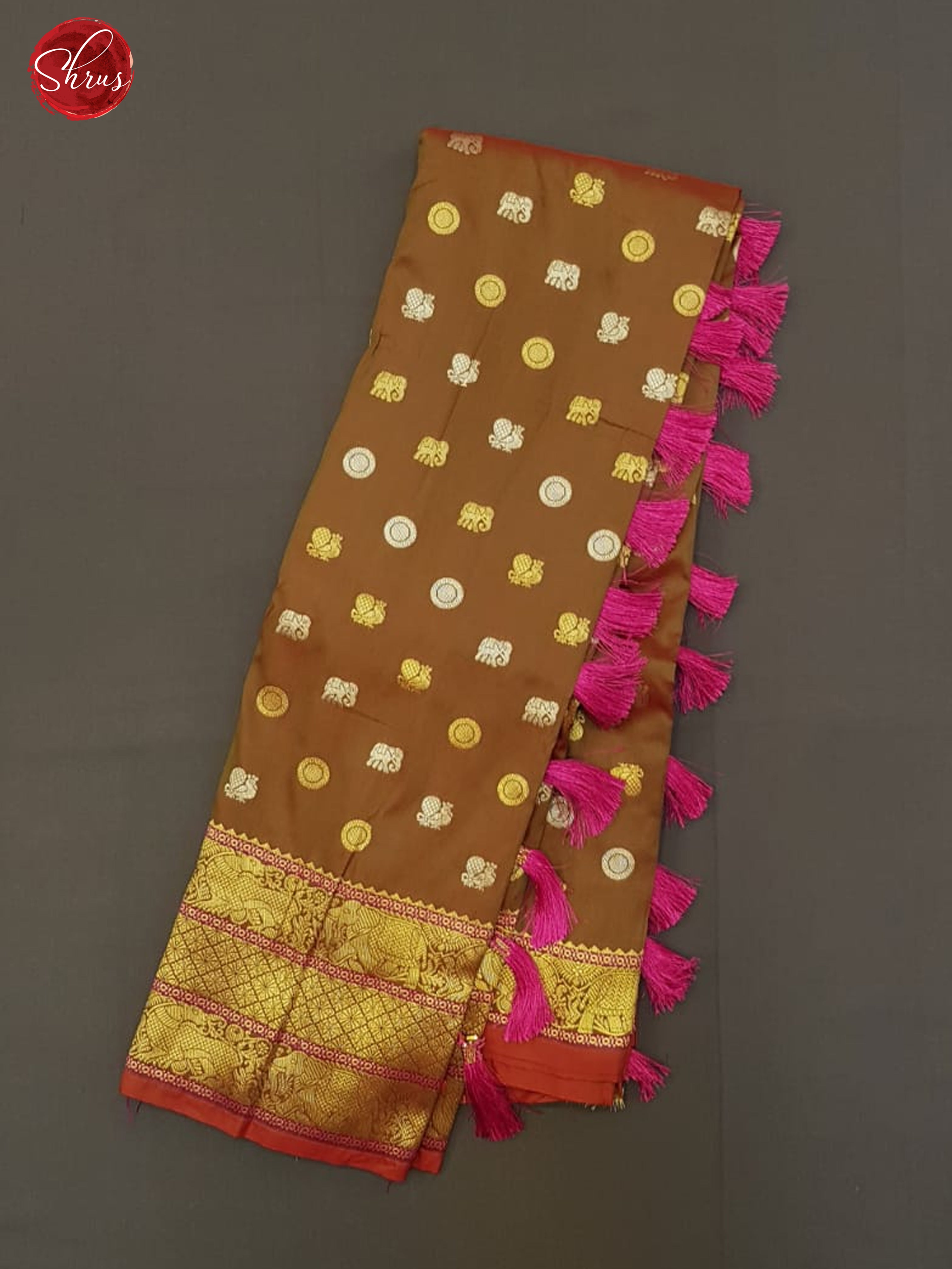 Brown & Pink- Semi Kanchipuram with Zari woven peacock , elephant , floral buttas on the body & Zari Border - Shop on ShrusEternity.com