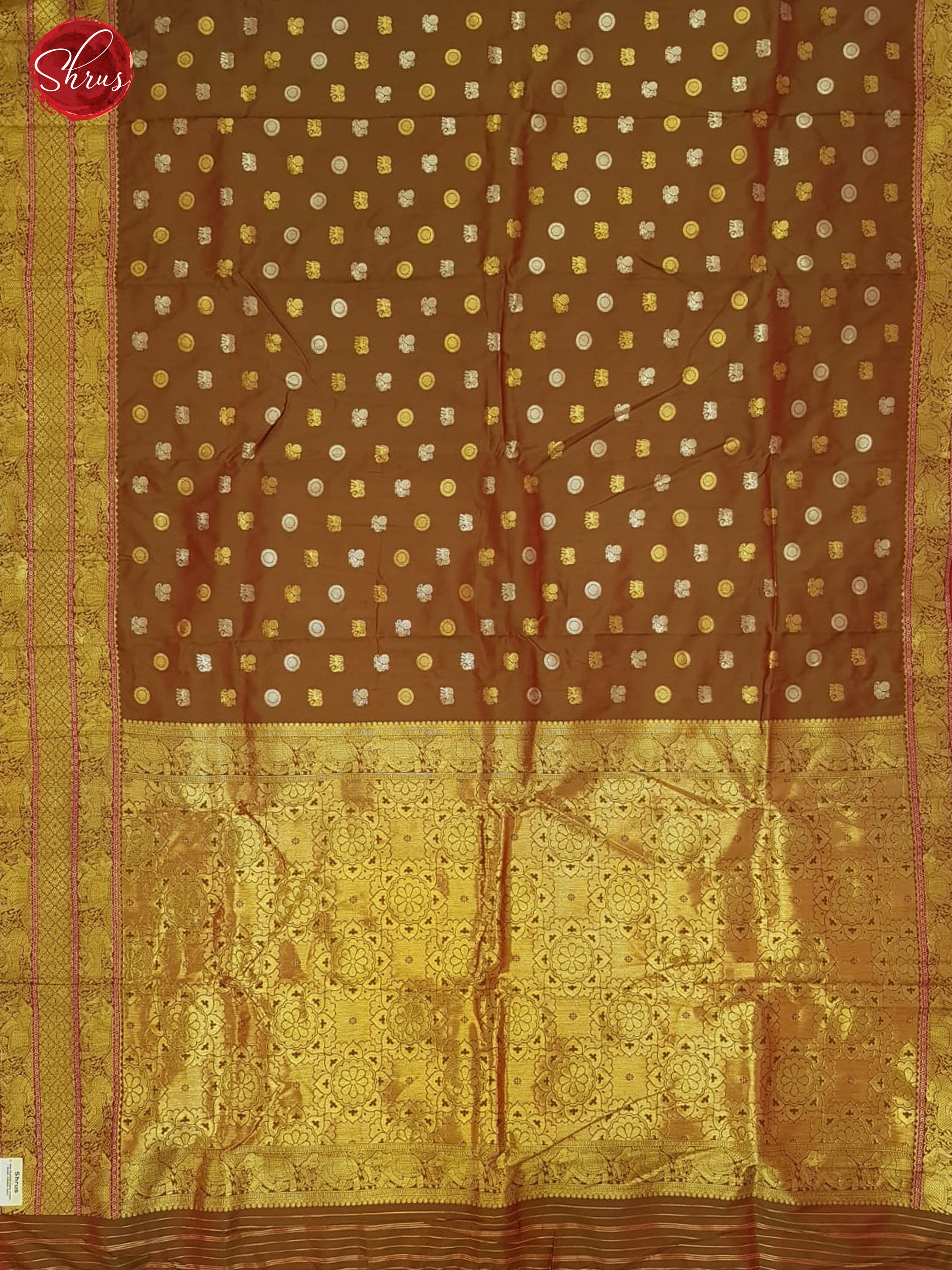 Brown & Pink- Semi Kanchipuram with Zari woven peacock , elephant , floral buttas on the body & Zari Border - Shop on ShrusEternity.com