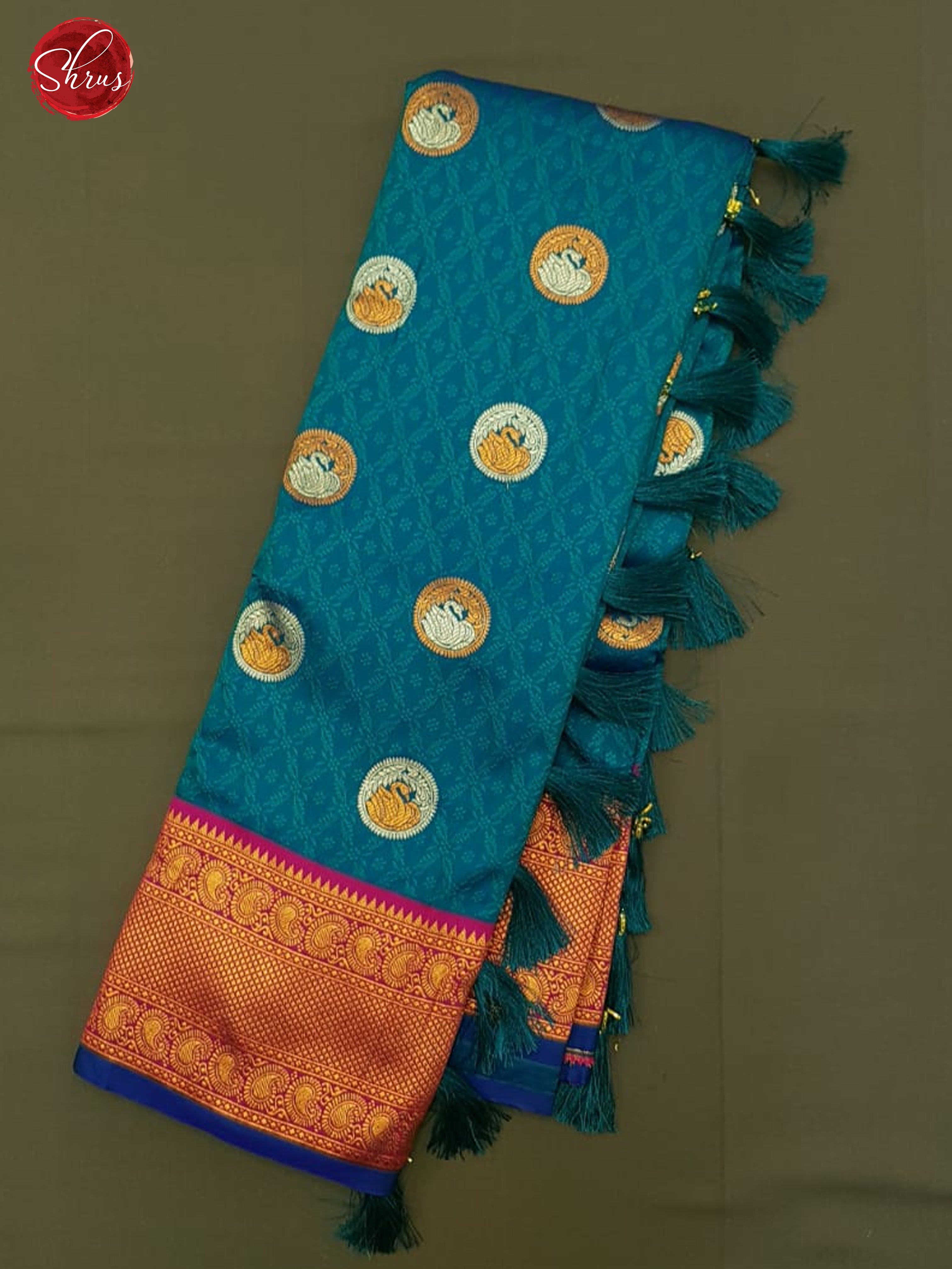 Blue & Pink -Semi Kanchipuram with Zari woven swan motifs , self jacquard on the body & Zari Border - Shop on ShrusEternity.com