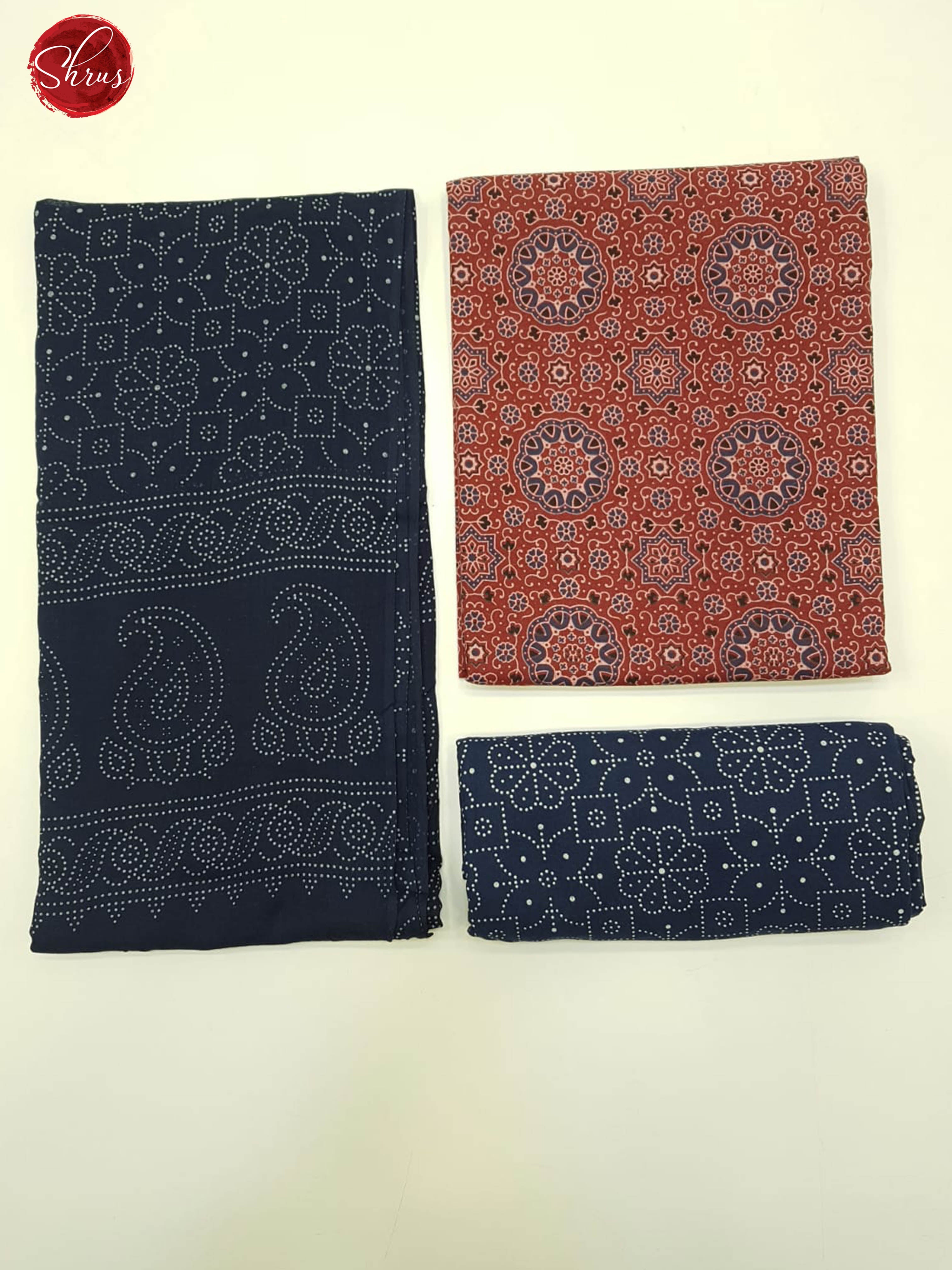 Red & Blue - Ajrakh suit with floral block print on the tops(In all suits the left part is the Dupatta , Top right pic is top and Bottom Right is the bottom) - Shop on ShrusEternity.com