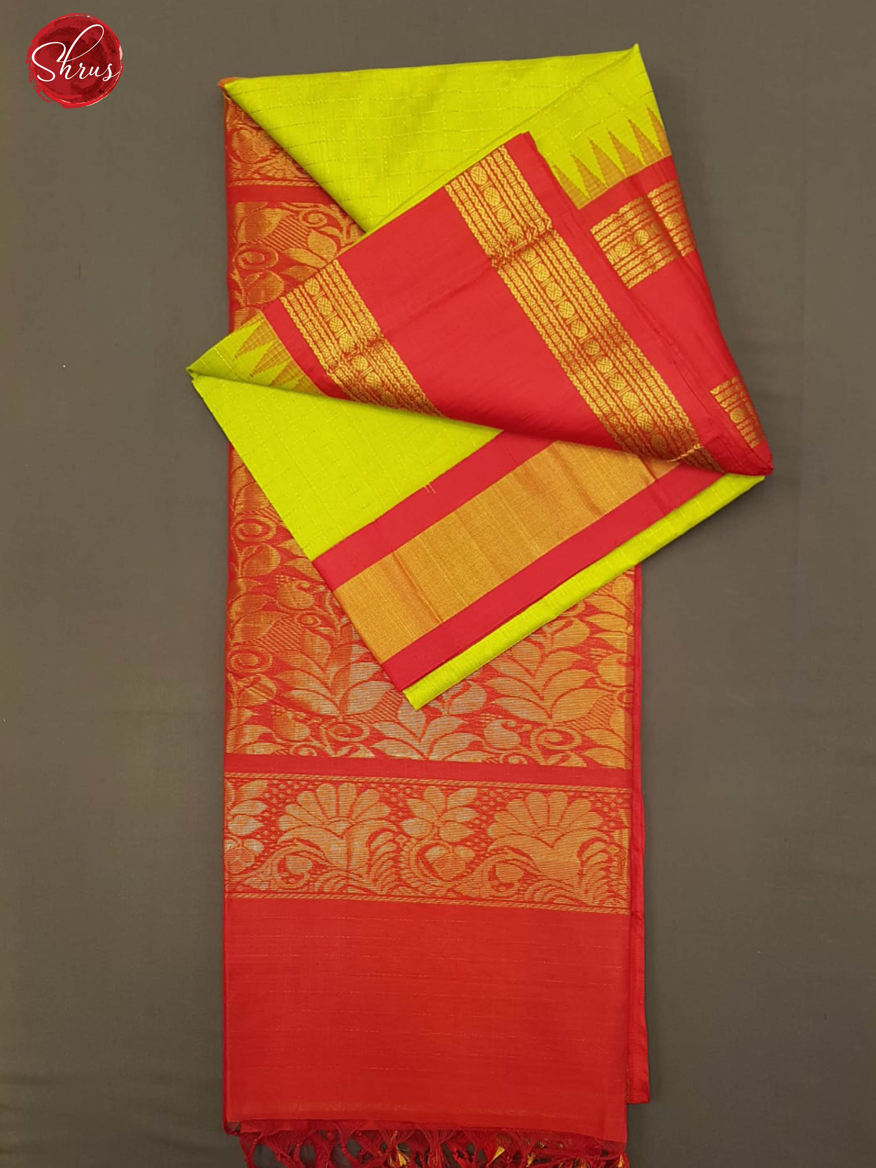 Green & Red -Silk Cotton with zari woven checks on the Body & contrast Zari Border - Shop on ShrusEternity.com