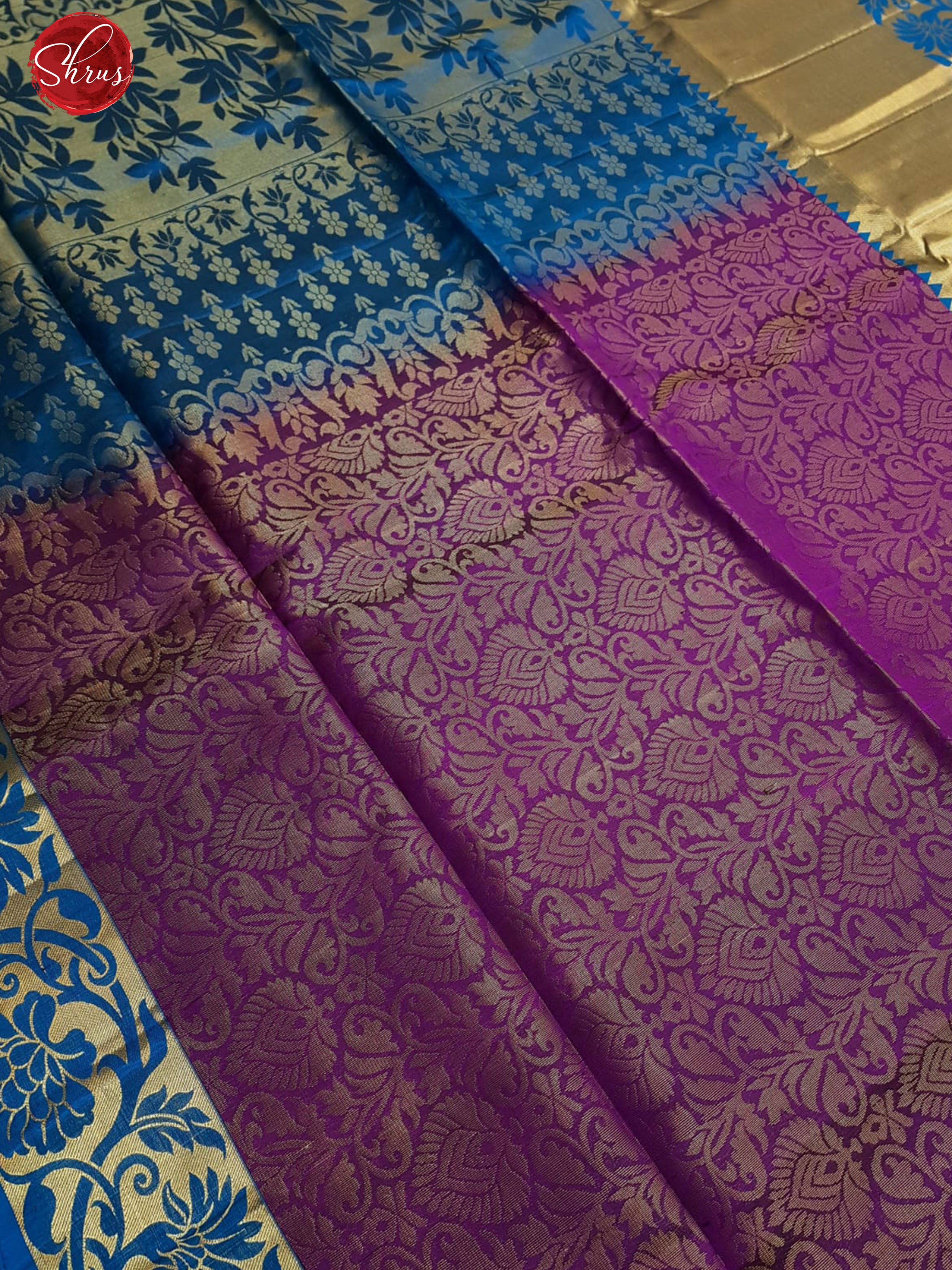 Purple & Blue - Soft Silk with zari woven floral nestling brocade on the body & Zari Border - Shop on ShrusEternity.com