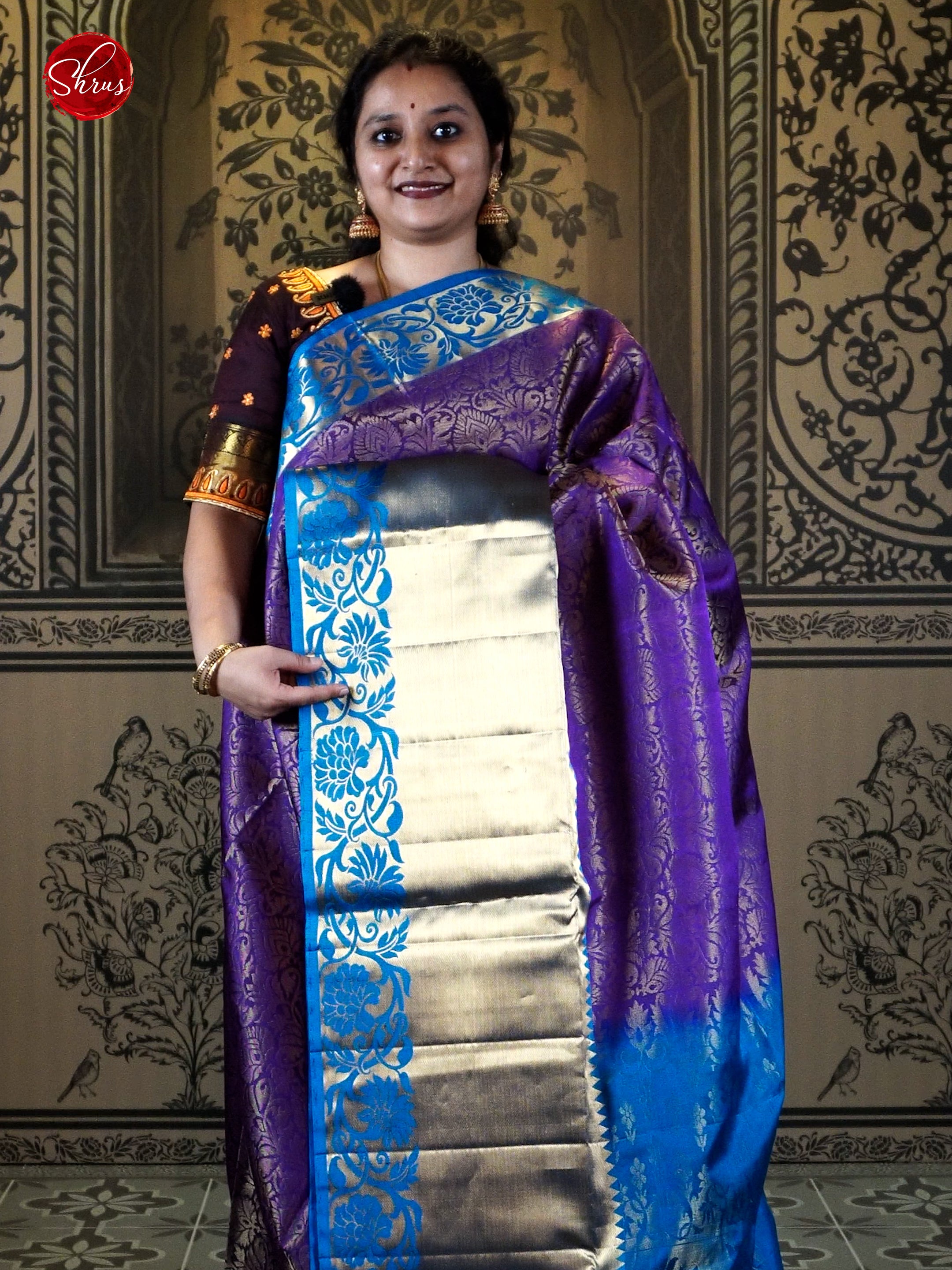 Purple & Blue - Soft Silk with zari woven floral nestling brocade on the body & Zari Border - Shop on ShrusEternity.com