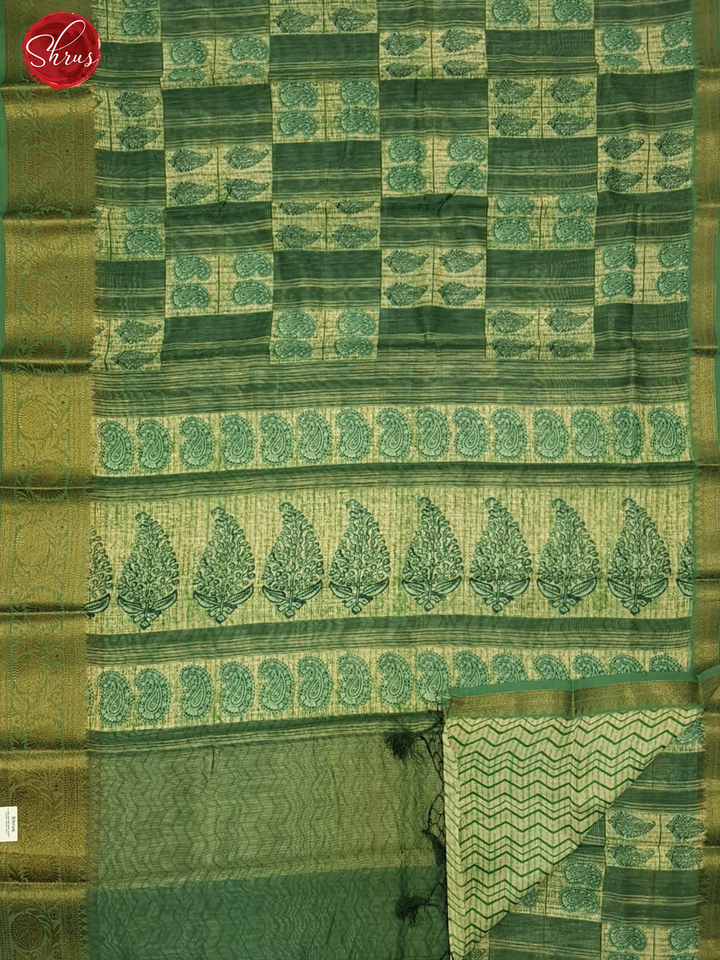 Green(Single Tone)- Semi Chanderi with Paisleys print on the body & Border - Shop on ShrusEternity.com
