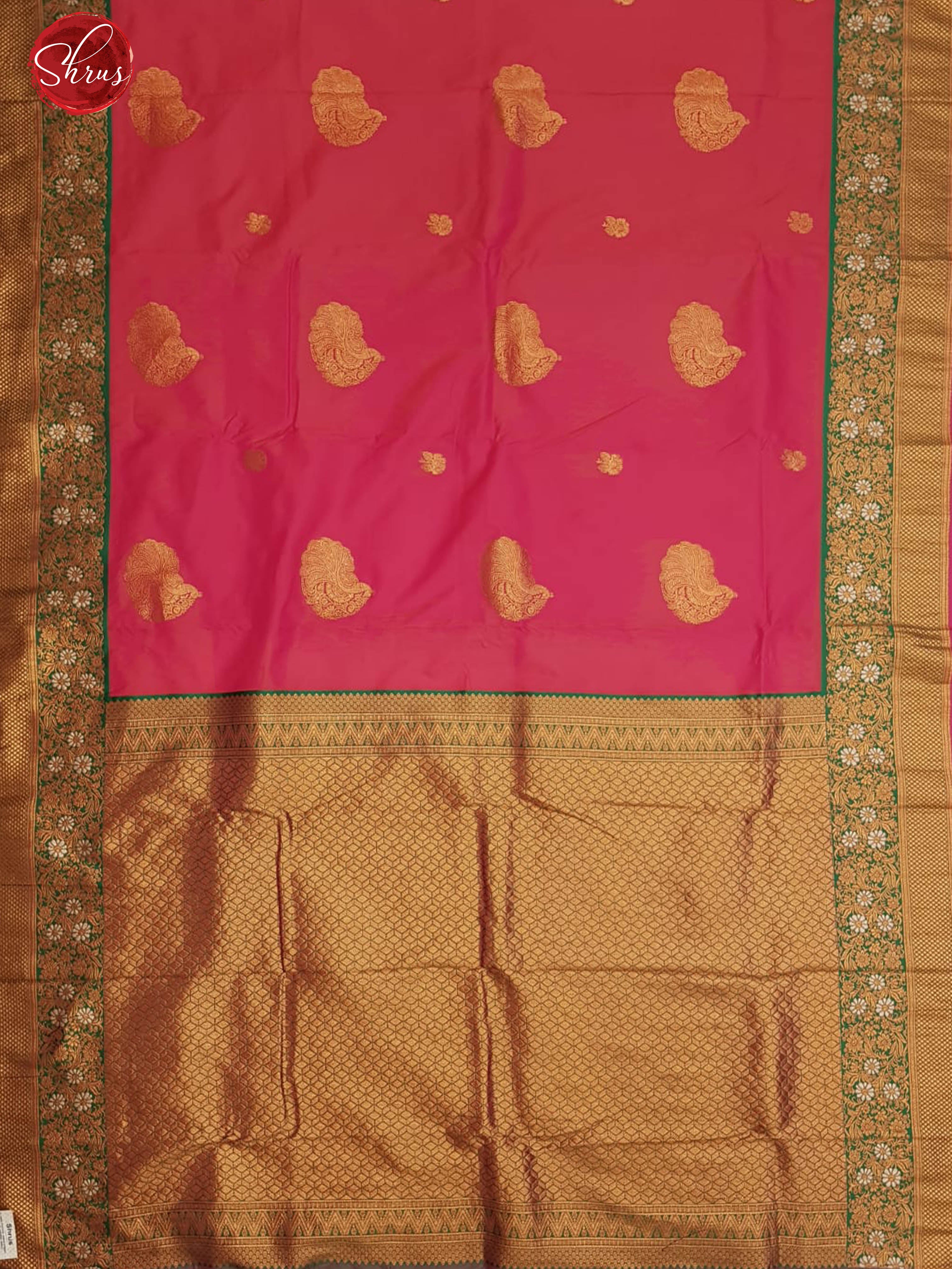 Pink & Grey - Semi Kanchipuram with Zari woven peacock motifs on the body & Contrast Zari Border - Shop on ShrusEternity.com