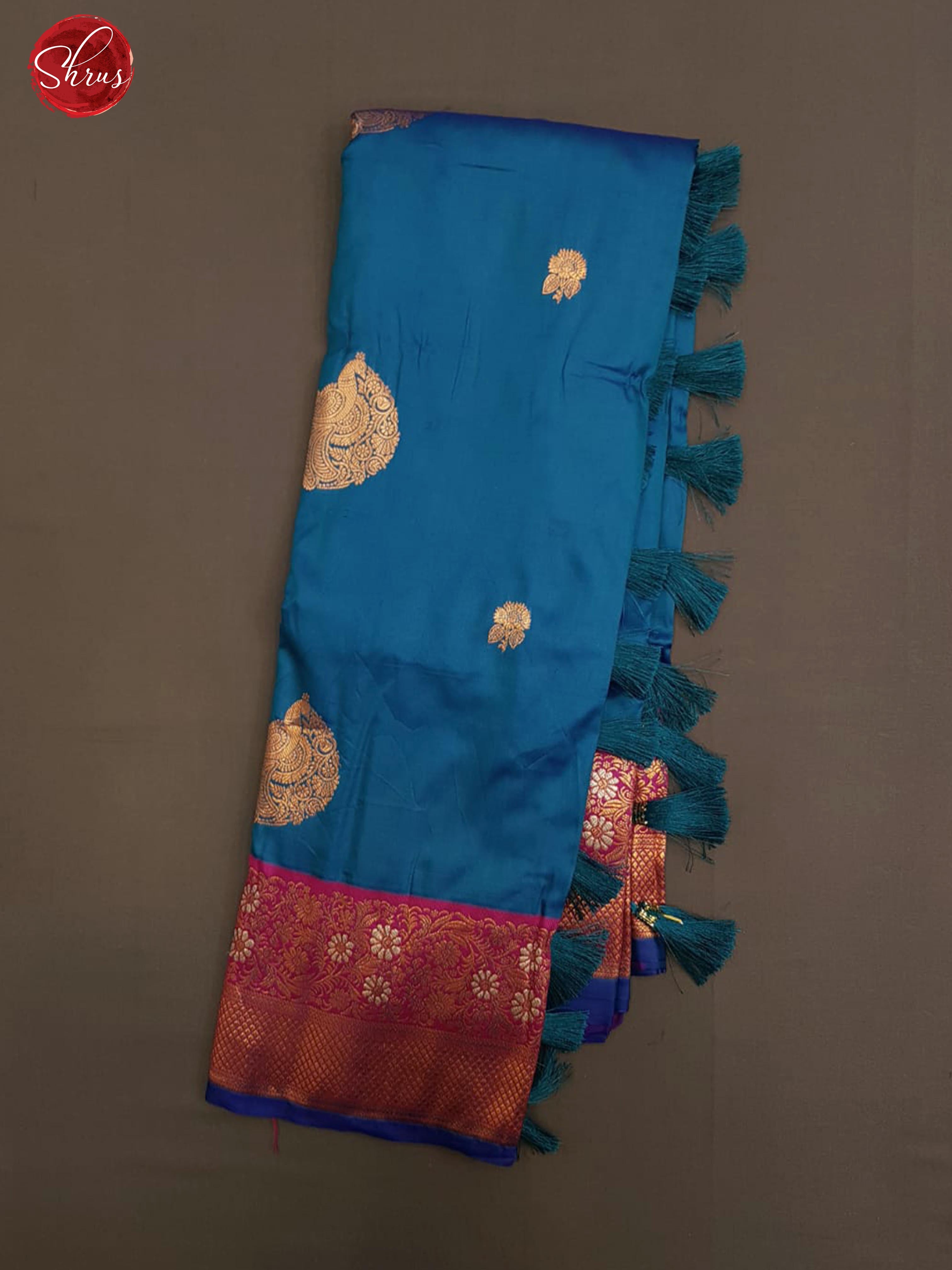 Blue & Pink -Semi Kanchipuram with Zari woven peacock motifs on the body & Contrast Zari Border - Shop on ShrusEternity.com