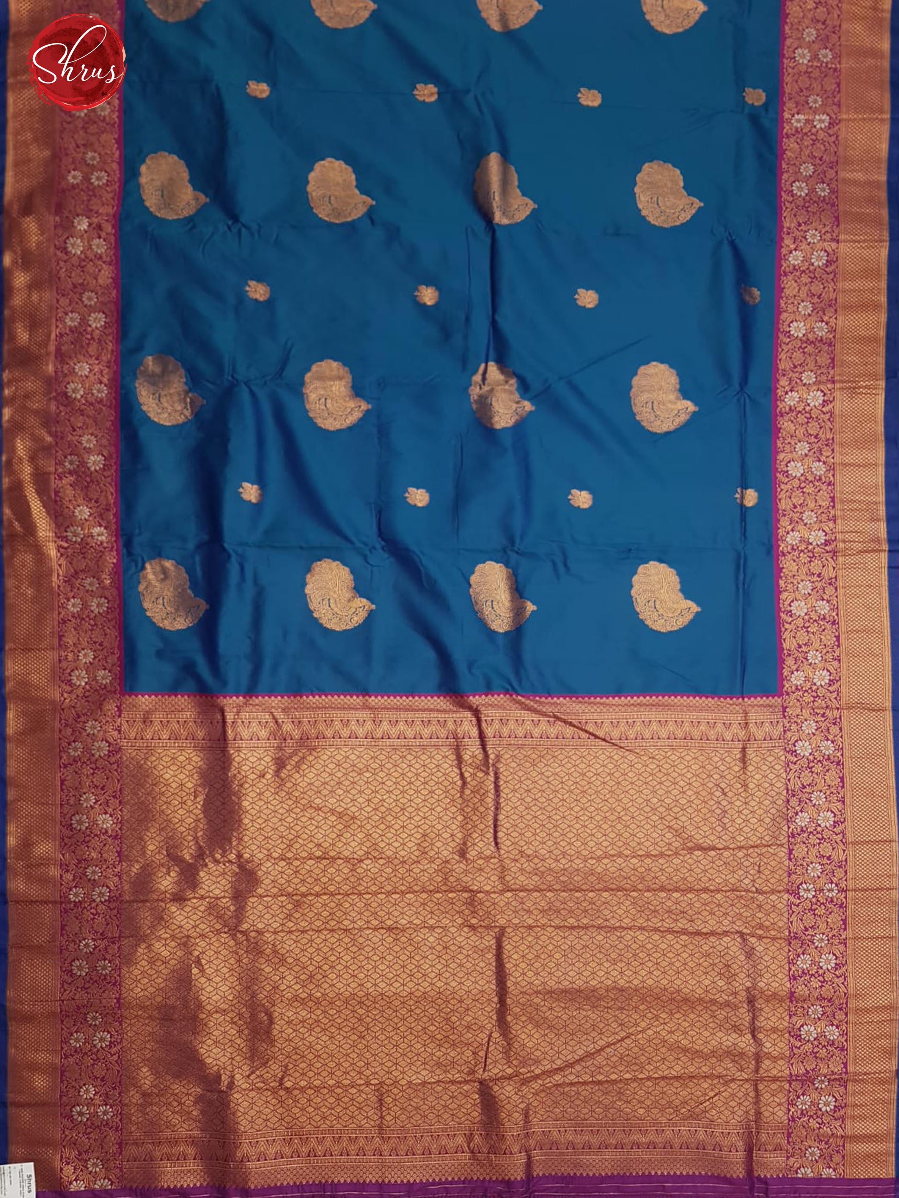 Blue & Pink -Semi Kanchipuram with Zari woven peacock motifs on the body & Contrast Zari Border - Shop on ShrusEternity.com