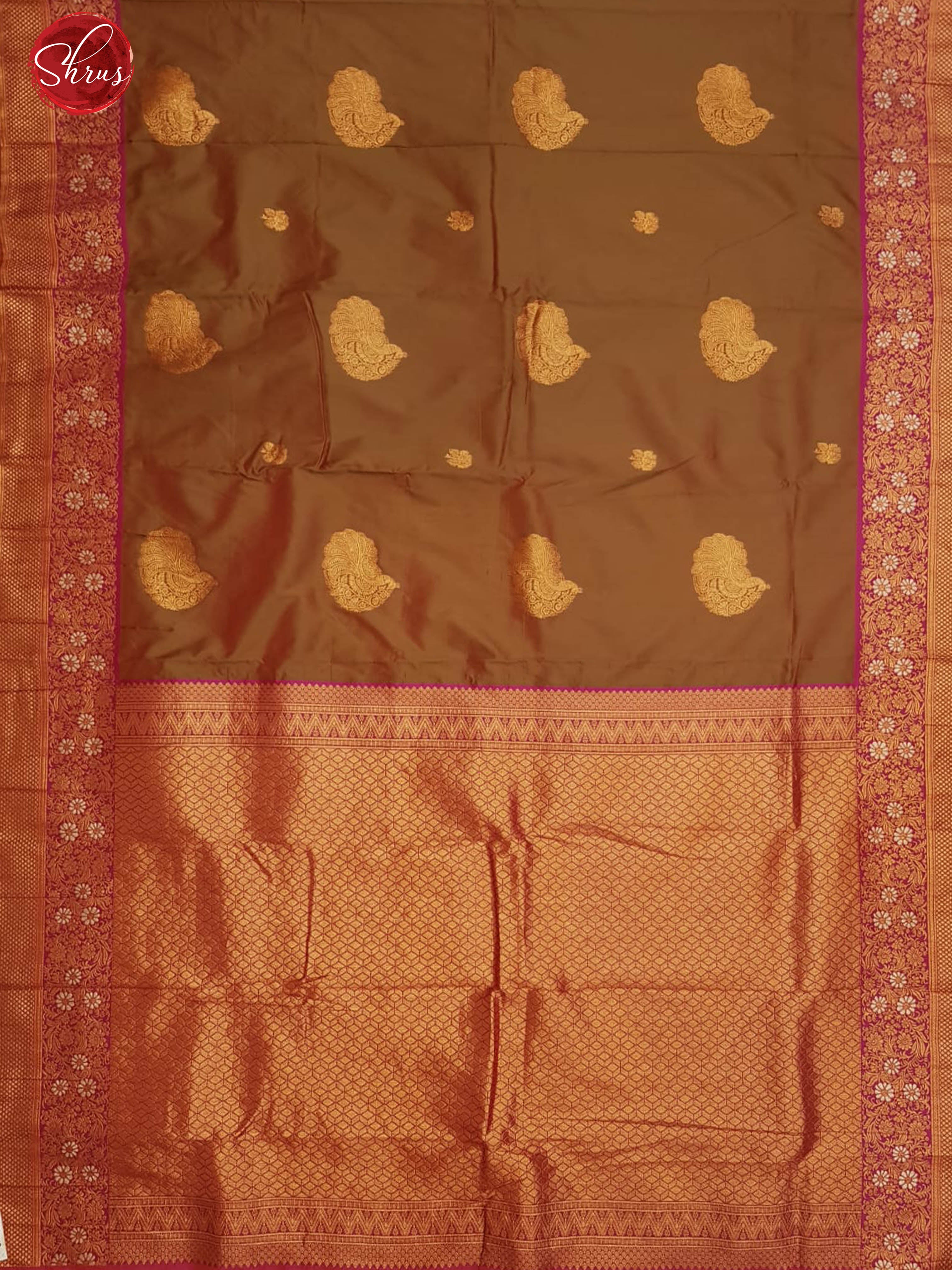 Brown & Pink - Semi Kanchipuram with Zari woven Peacock motifs on the body & Contrast Zari Border - Shop on ShrusEternity.com