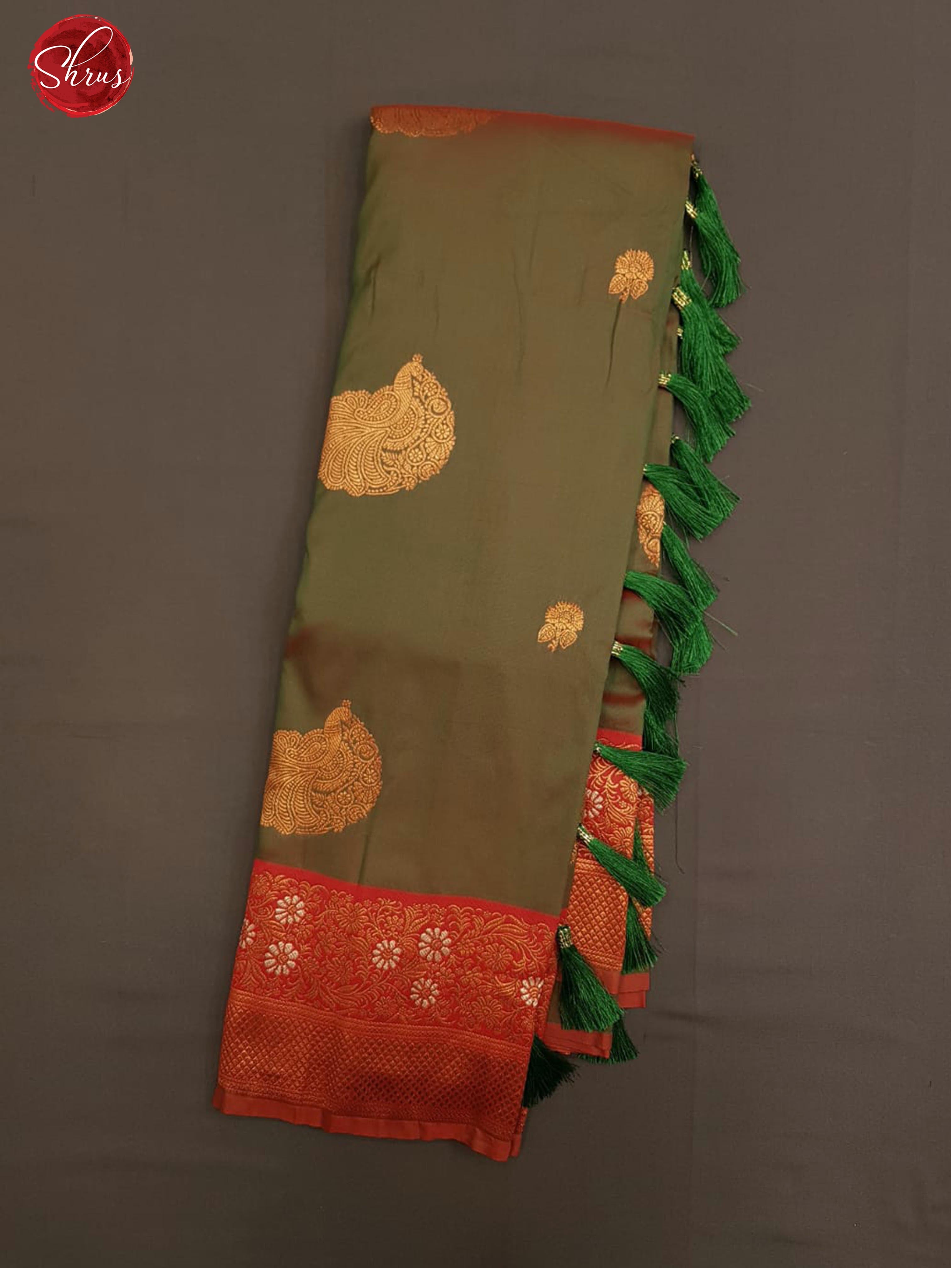 Mehandi Green & Red -Semi Kanchipuram with Zari woven peacock motifs on the body & Contrast Zari Border - Shop on ShrusEternity.com