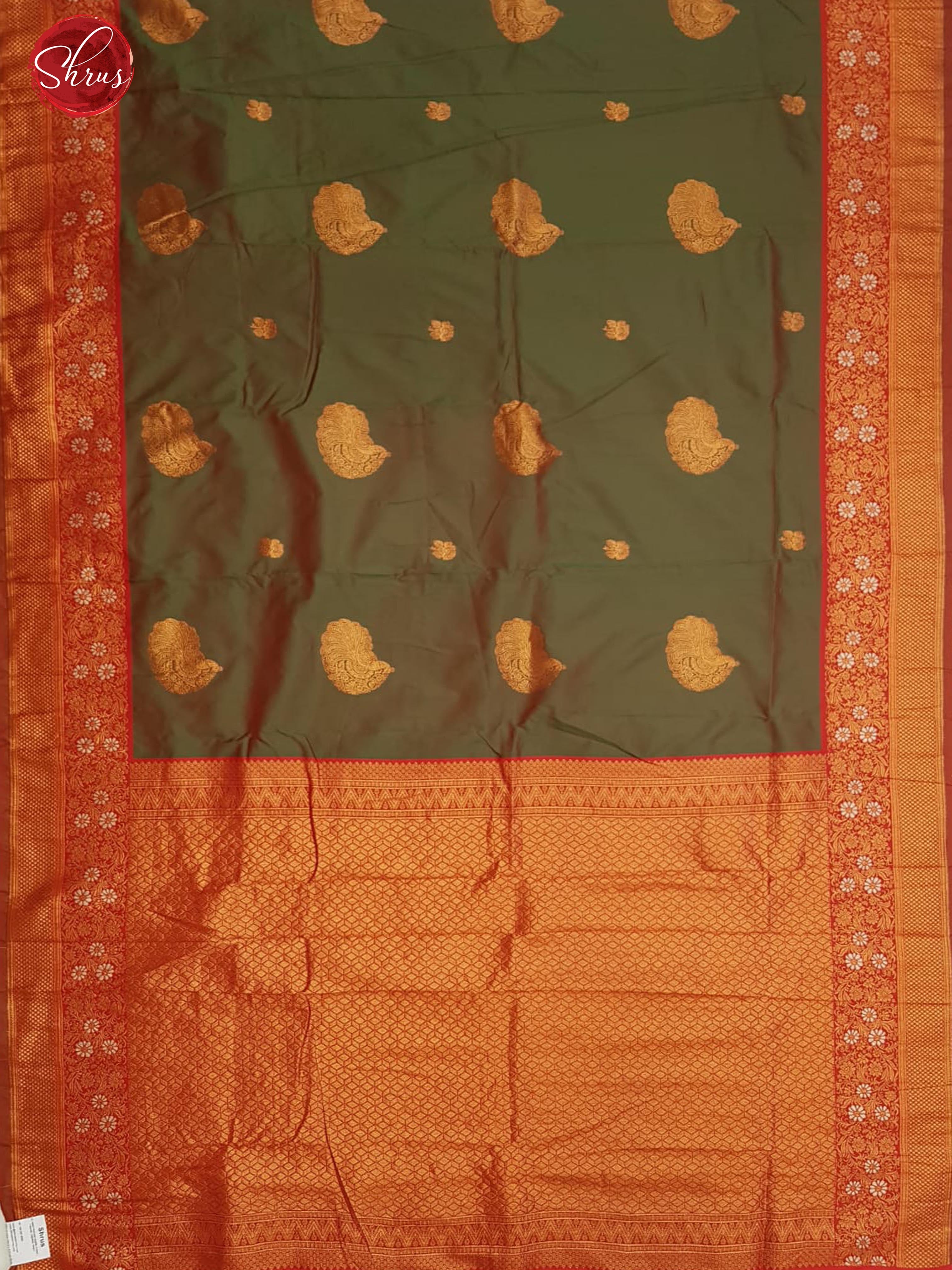 Mehandi Green & Red -Semi Kanchipuram with Zari woven peacock motifs on the body & Contrast Zari Border - Shop on ShrusEternity.com
